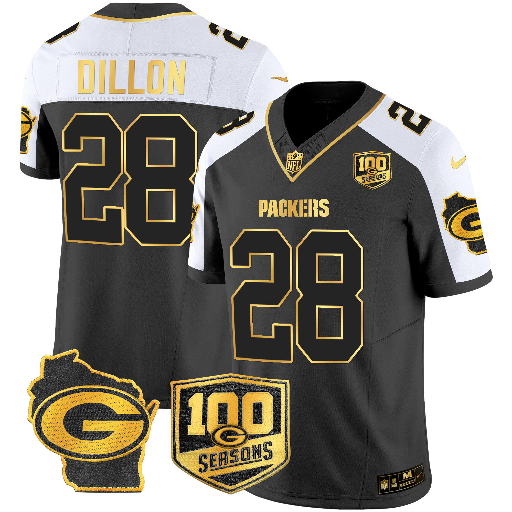 AJ Dillon Men's Green Bay Packers 100th Season & Home Patch Gold Vapor Limited Jersey – All Stitched Alternate Jersey - All Stitched