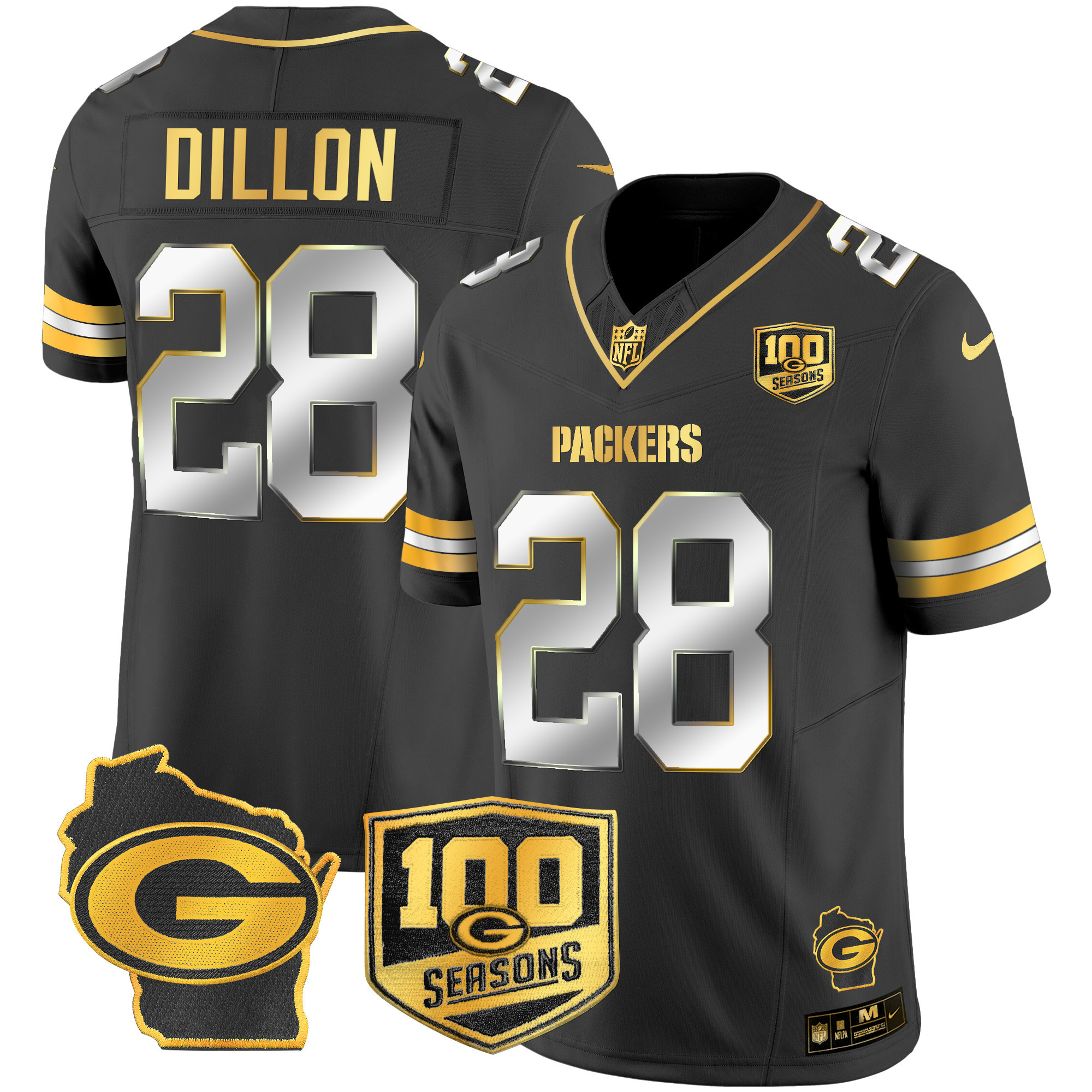 AJ Dillon Men's Green Bay Packers 100th Season & Home Patch Gold Vapor Limited Jersey – All Stitched Black Limited Jersey - All Stitched