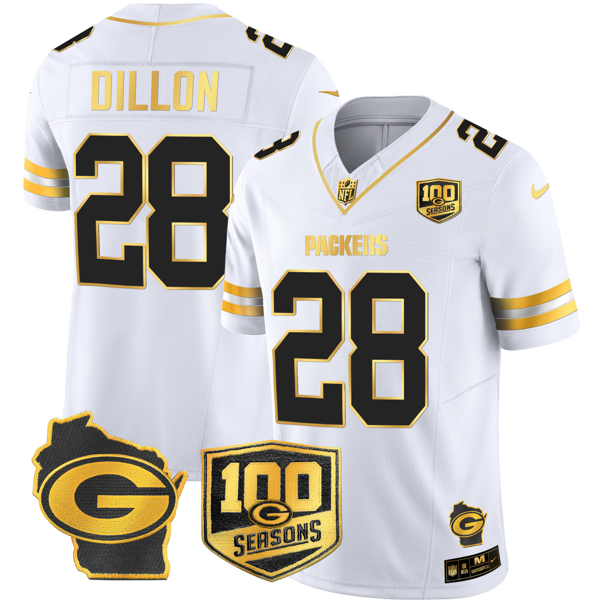 AJ Dillon Men's Green Bay Packers 100th Season & Home Patch Gold Vapor Limited Jersey – All Stitched White Gold Jersey - All Stitched