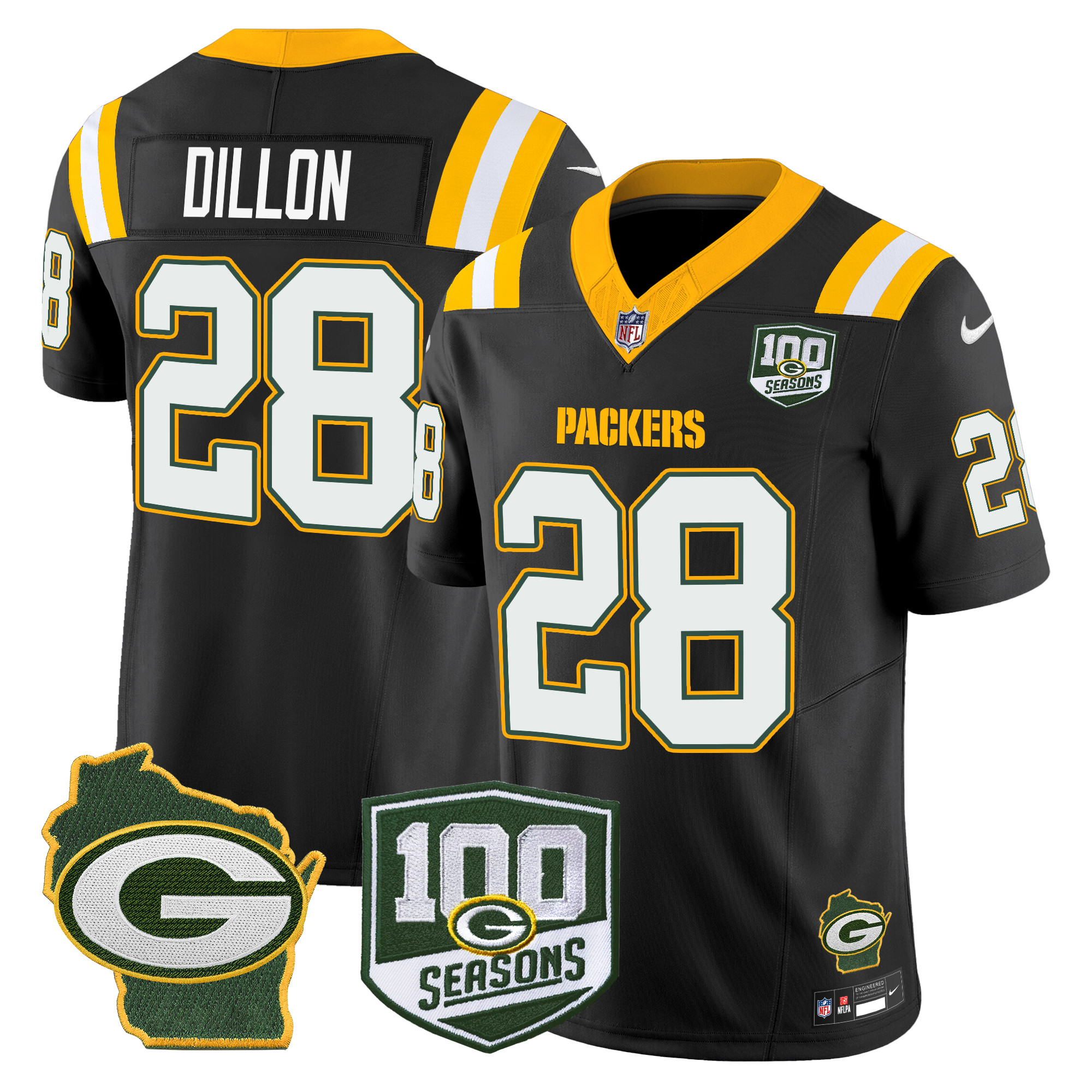 AJ Dillon Men's Green Bay Packers 100th Season & Home Patch Vapor Limited Black Jersey - All Stitched