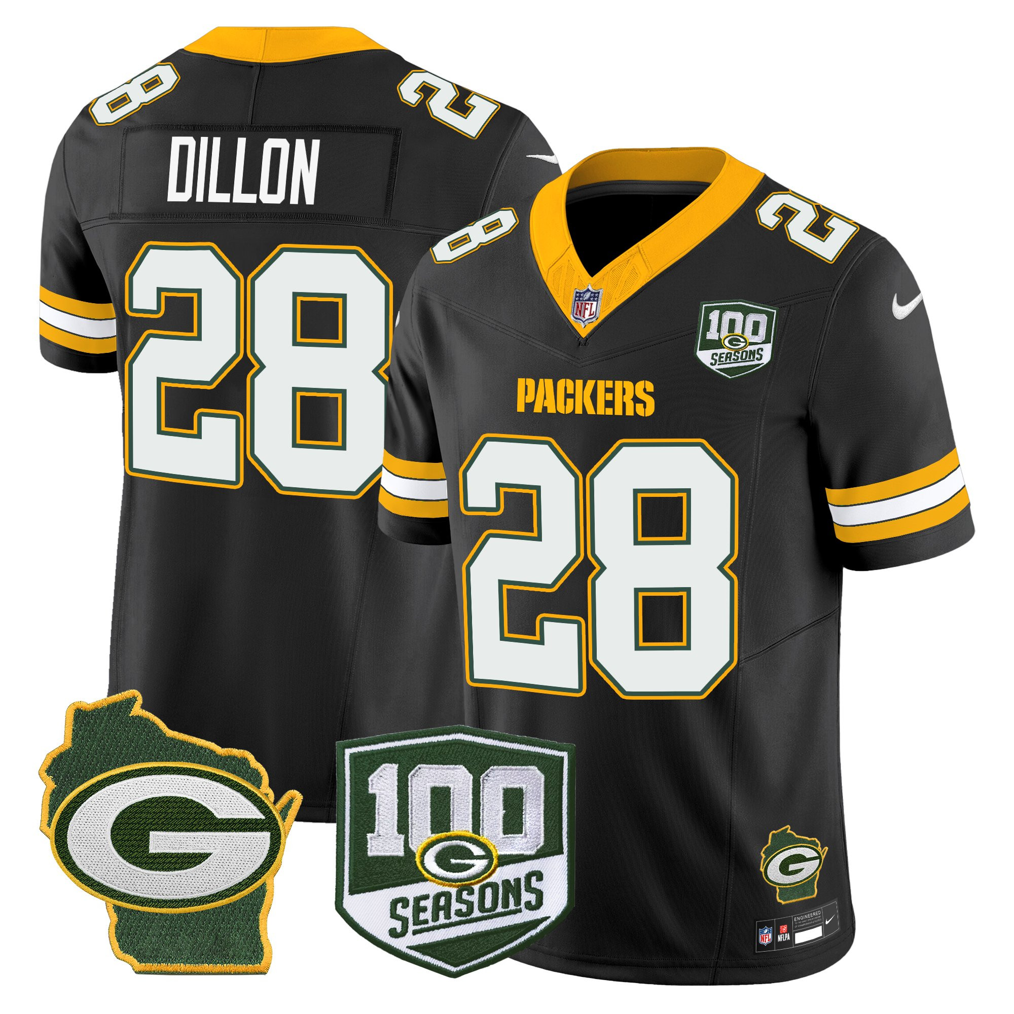 AJ Dillon Men's Green Bay Packers 100th Season & Home Patch Vapor Limited Black Jersey - All Stitched