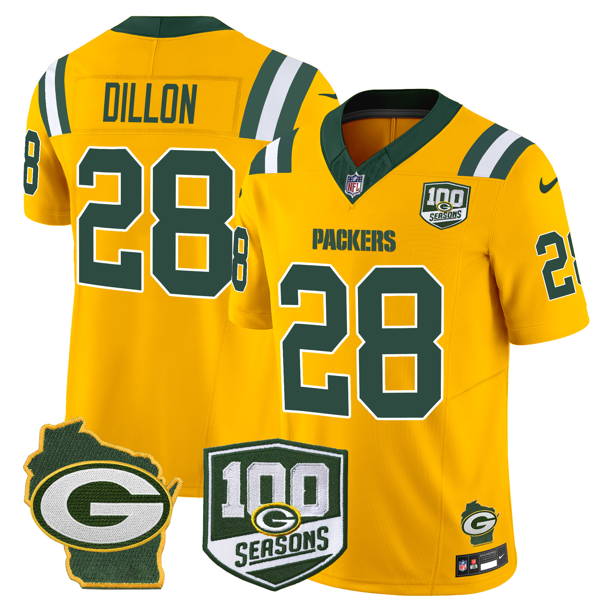 AJ Dillon Men's Green Bay Packers 100th Season & Home Patch Vapor Limited Gold Jersey - All Stitched
