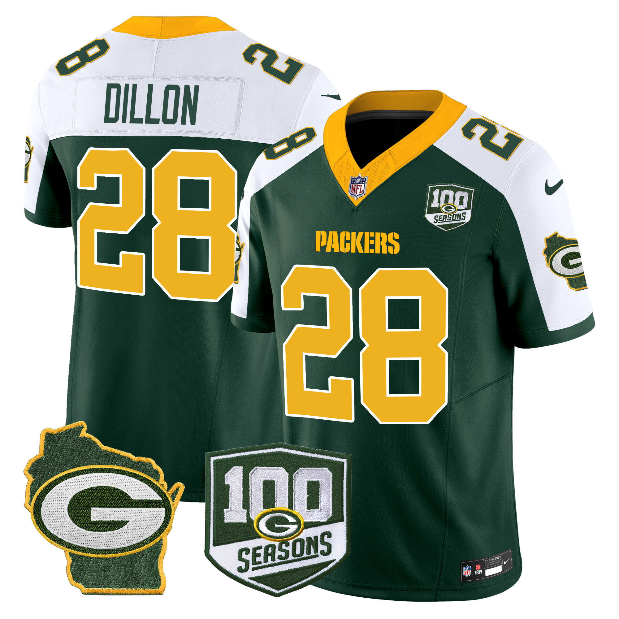 AJ Dillon Men's Green Bay Packers 100th Season & Home Patch Vapor Limited Green Alternate Jersey - All Stitched