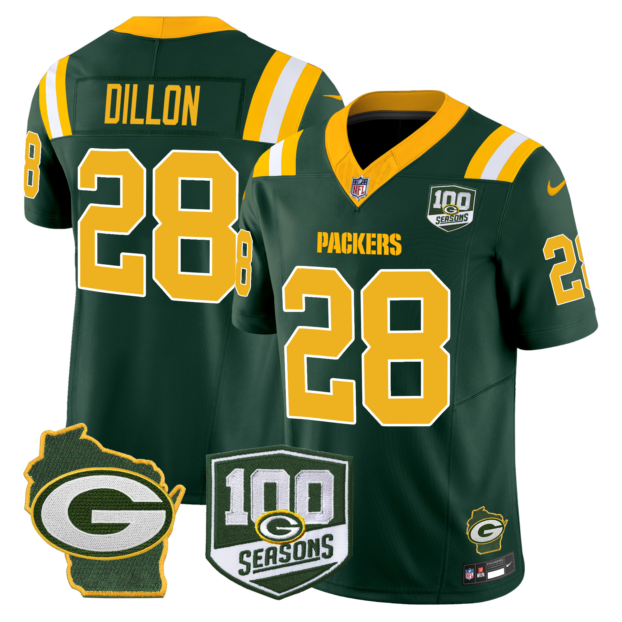 AJ Dillon Men's Green Bay Packers 100th Season & Home Patch Vapor Limited Green Jersey - All Stitched
