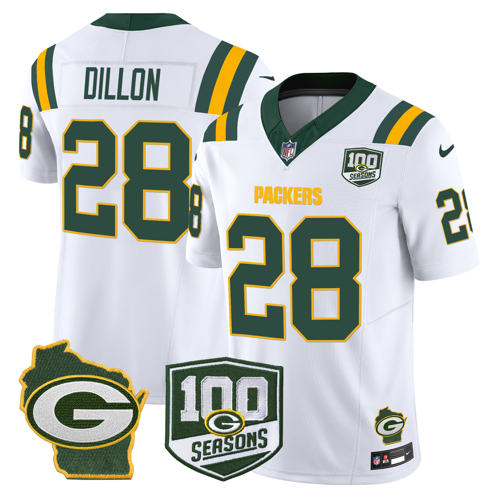 AJ Dillon Men's Green Bay Packers 100th Season & Home Patch Vapor Limited White Jersey - All Stitched