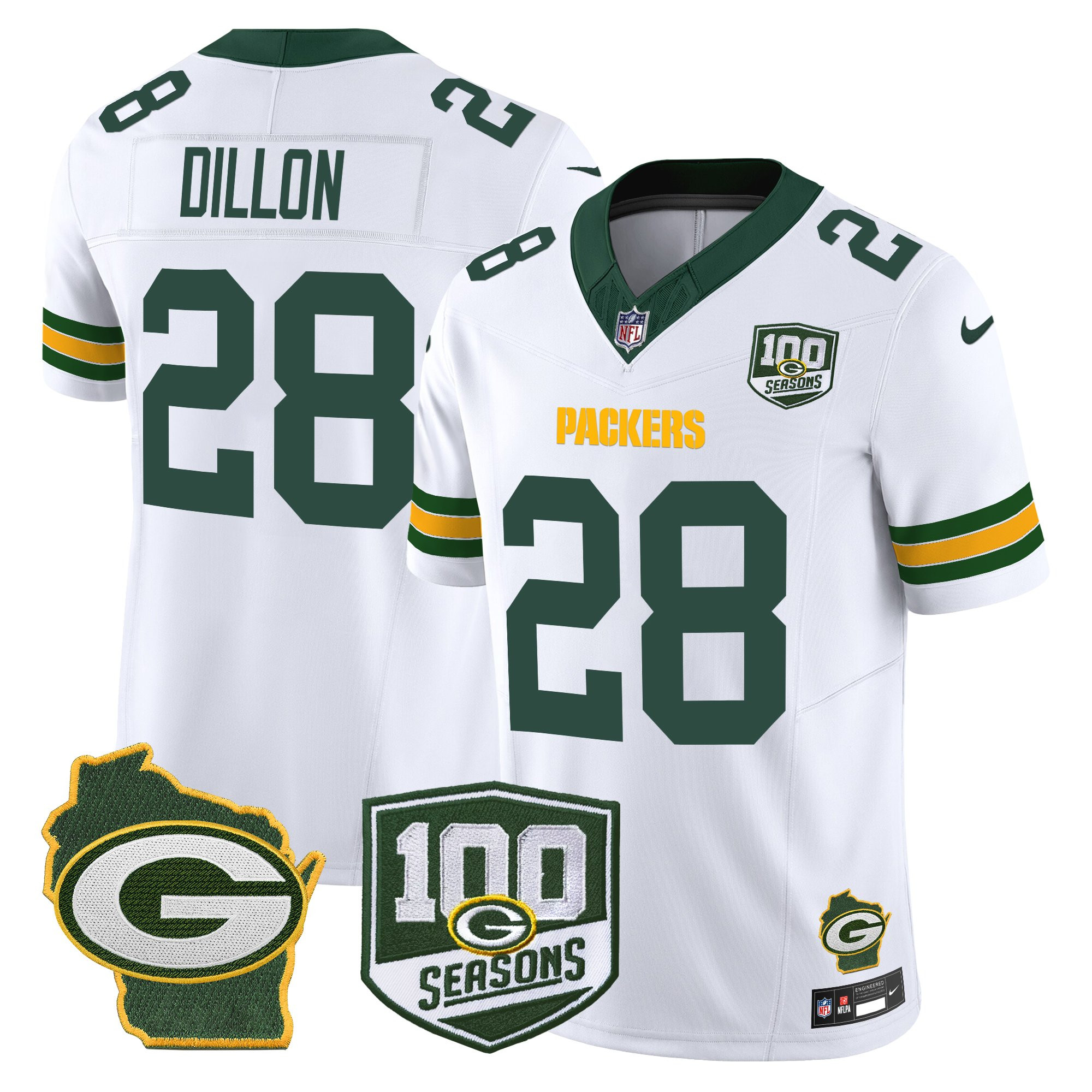 AJ Dillon Men's Green Bay Packers 100th Season & Home Patch Vapor Limited White Jersey - All Stitched