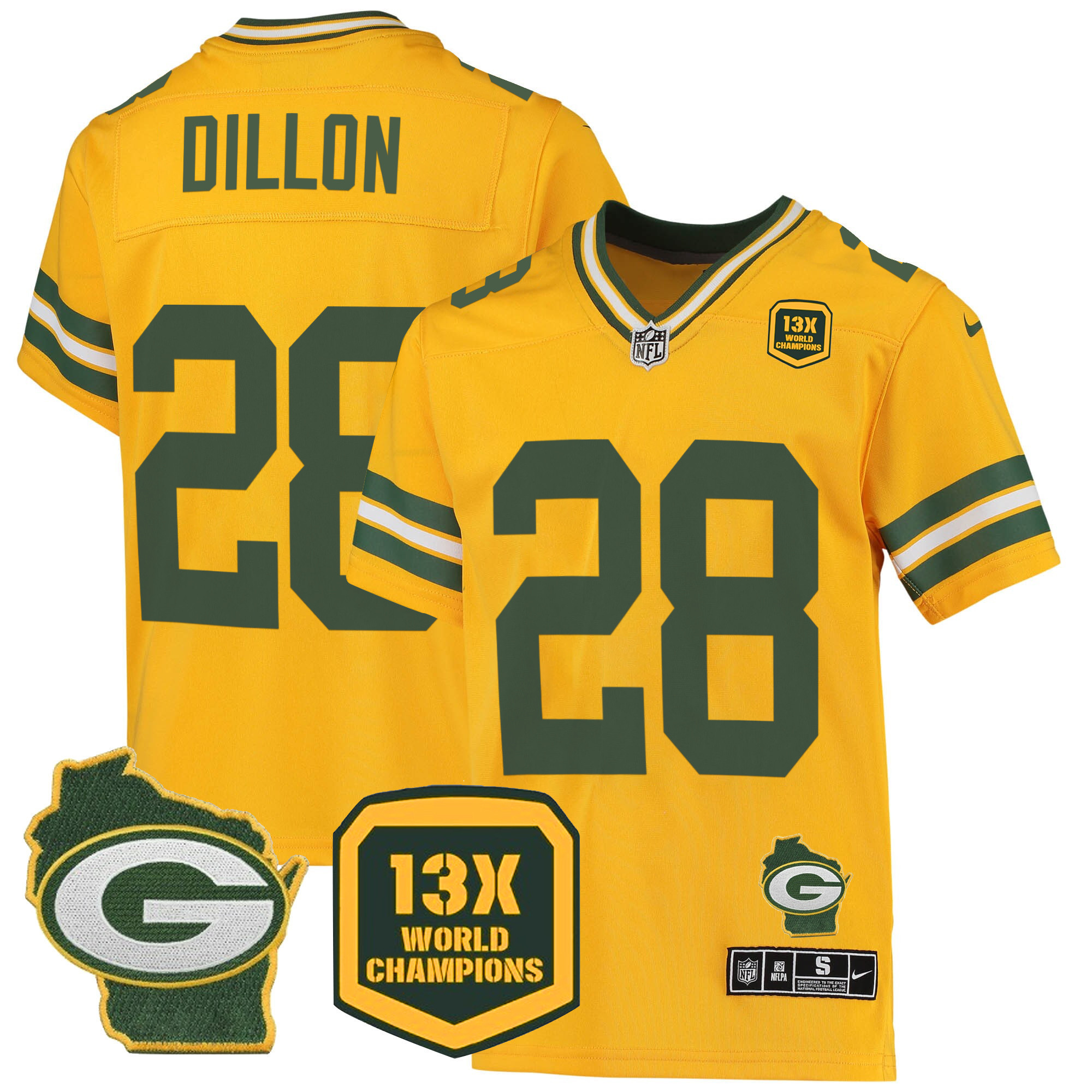 AJ Dillon Men's Green Bay Packers 13 Time World Champions & Home Patch Game Jersey � All Stitched Gold Jersey - All Stitched