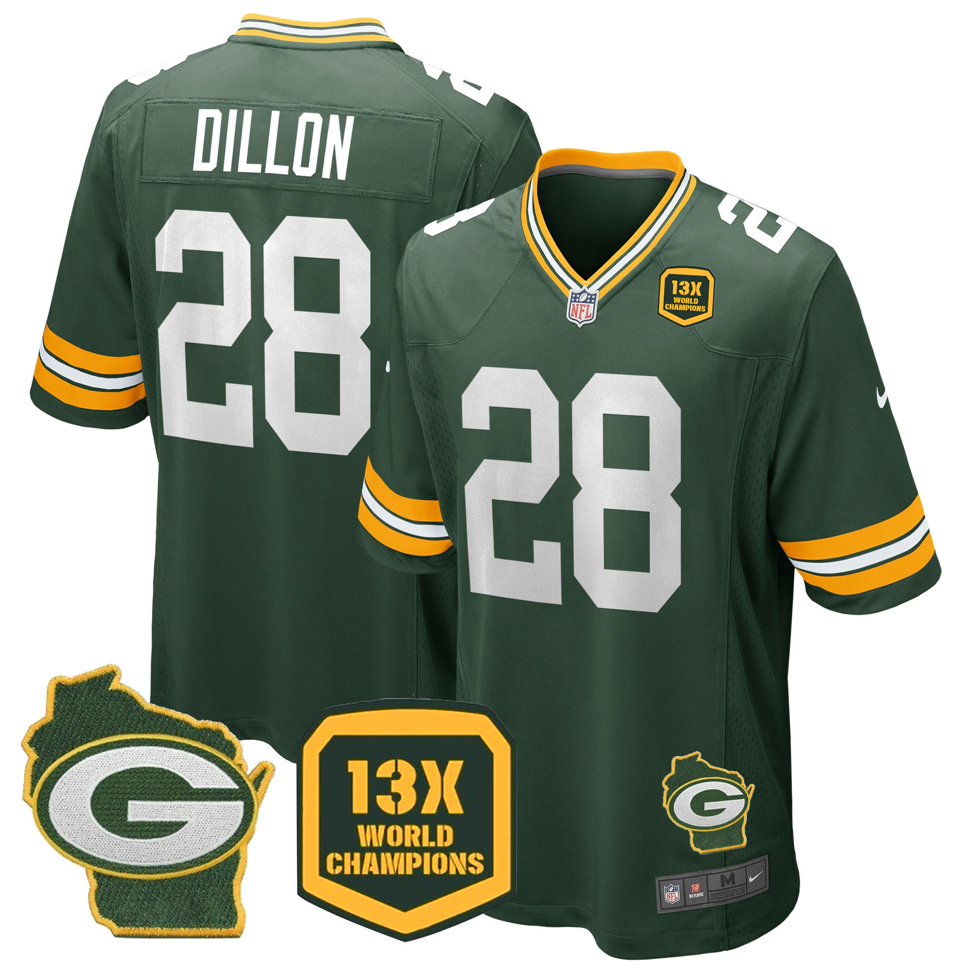 AJ Dillon Men's Green Bay Packers 13 Time World Champions & Home Patch Game Jersey � All Stitched Green Jersey - All Stitched