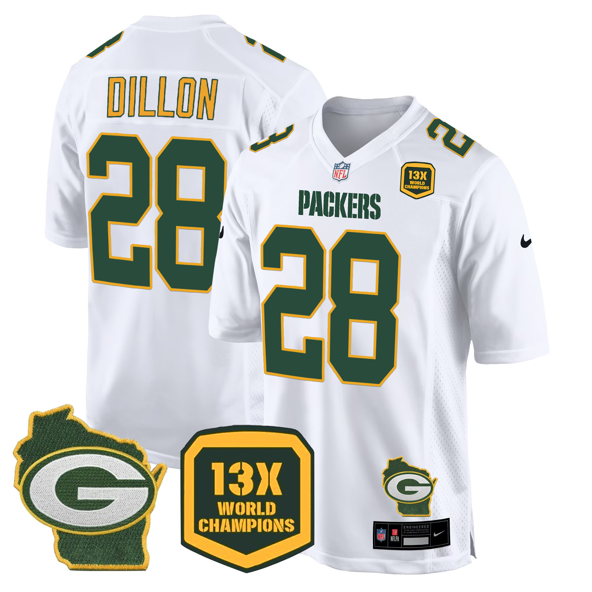 AJ Dillon Men's Green Bay Packers 13 Time World Champions & Home Patch Game Jersey � All Stitched White Jersey - All Stitched