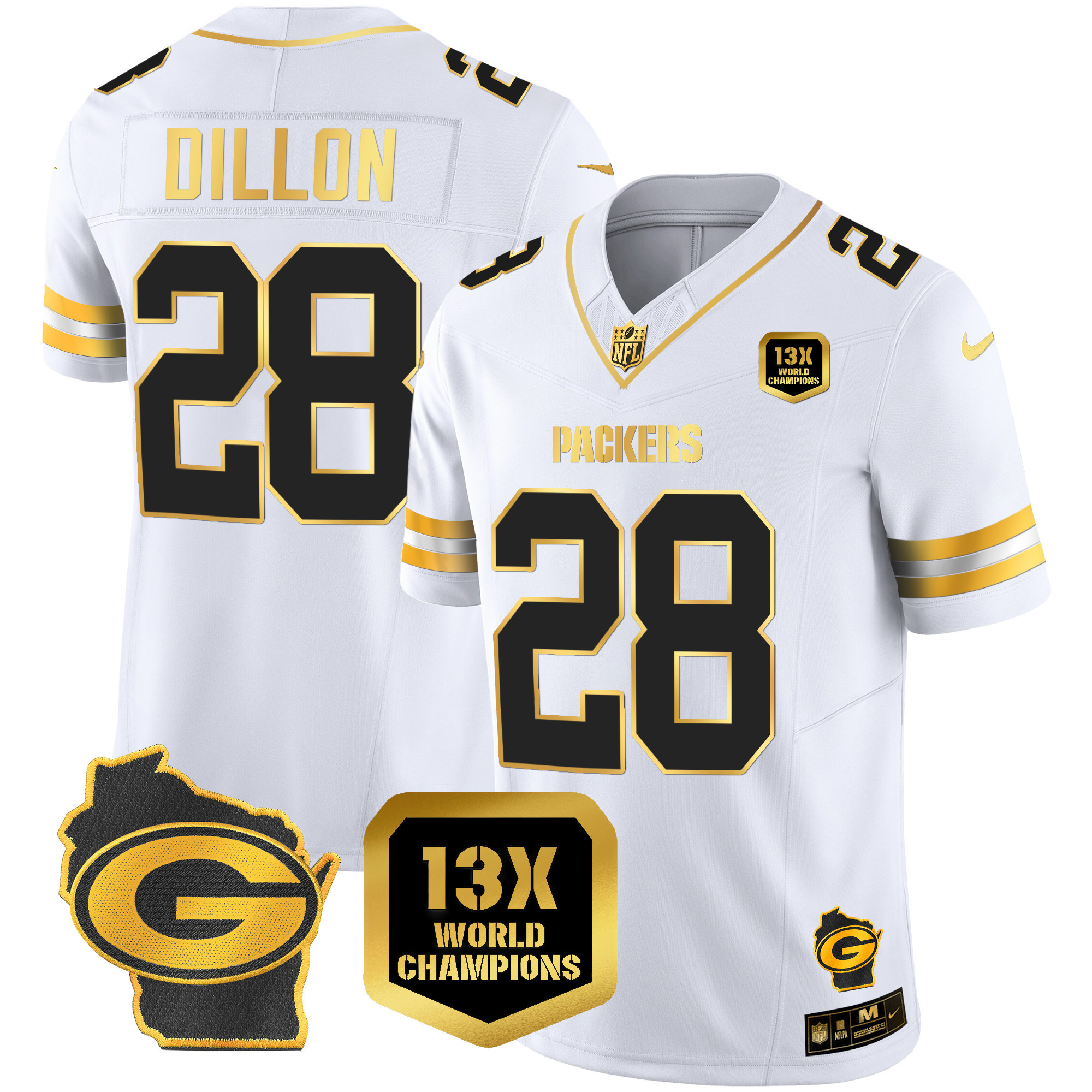 AJ Dillon Men's Green Bay Packers 13 Time World Champions & Home Patch Gold Vapor Jersey � All Stitched White Gold Jersey - All Stitched
