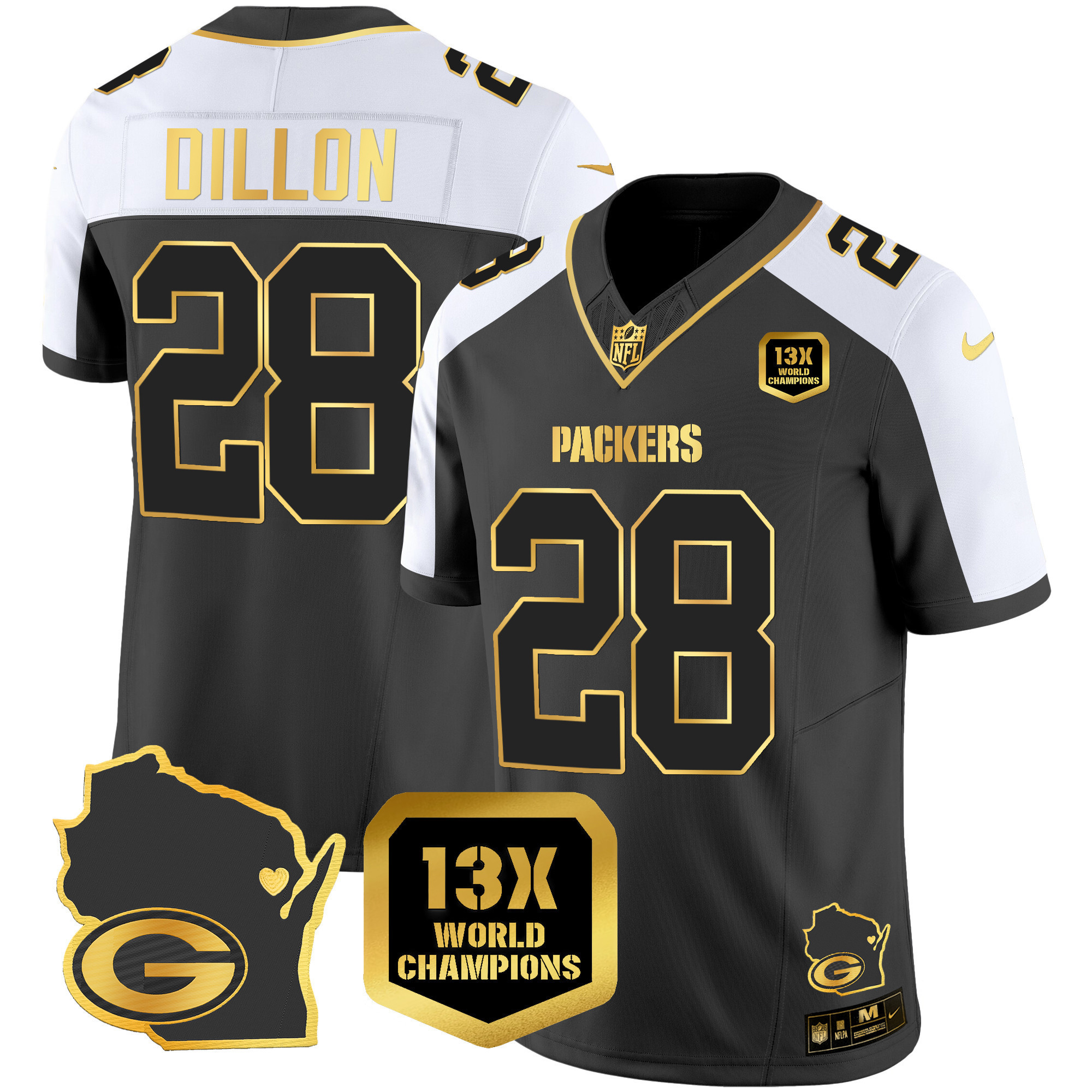 AJ Dillon Men's Green Bay Packers 13 Time World Champions & Home Patch Gold Vapor Jersey V2 � All Stitched Alternate Jersey - All Stitched