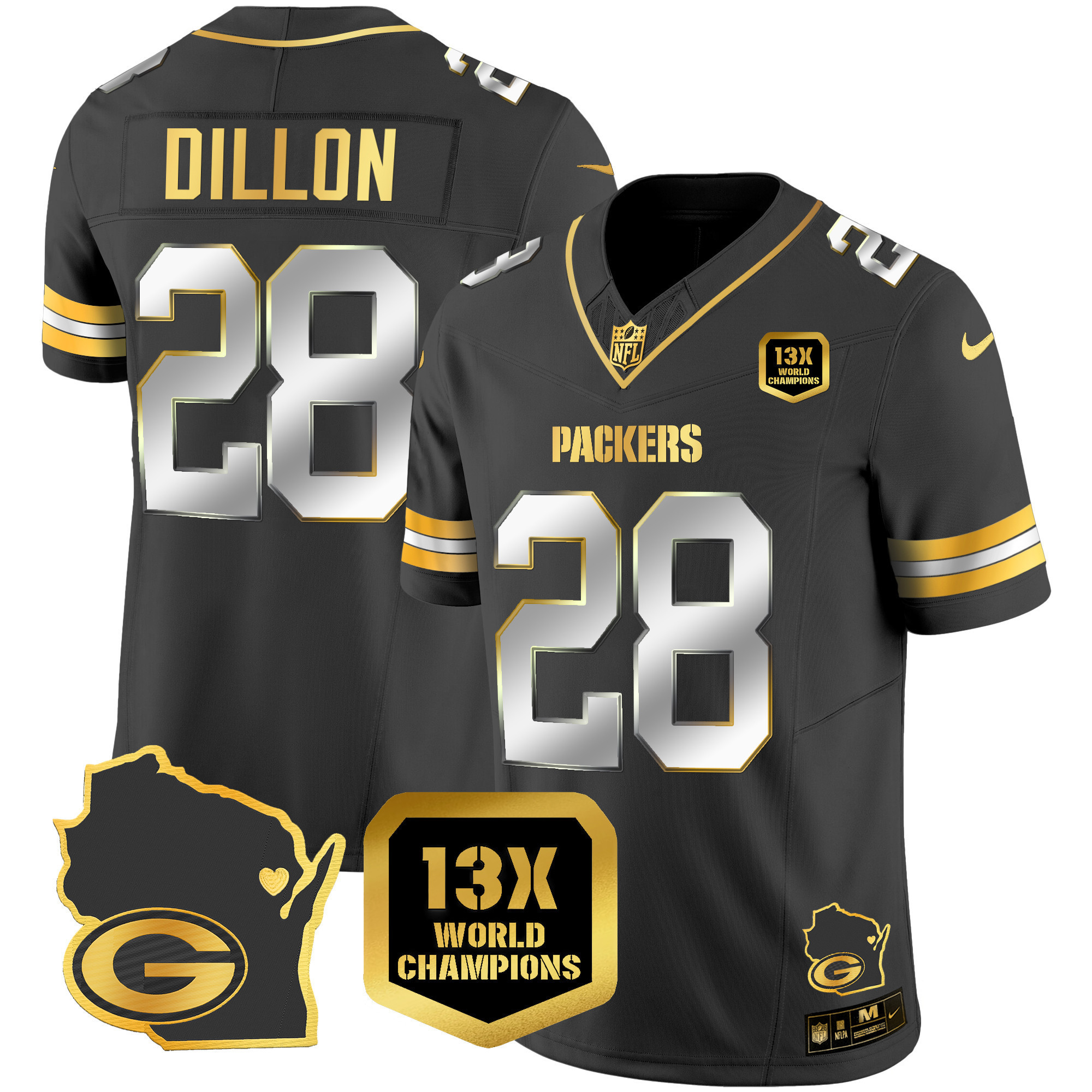 AJ Dillon Men's Green Bay Packers 13 Time World Champions & Home Patch Gold Vapor Jersey V2 � All Stitched Black Limited Jersey - All Stitched