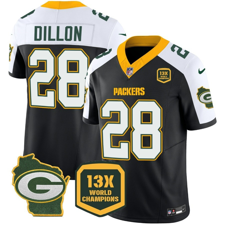 AJ Dillon Men's Green Bay Packers 13 Time World Champions & Home Patch Vapor Jersey � All Stitched Black Alternate Jersey - All Stitched