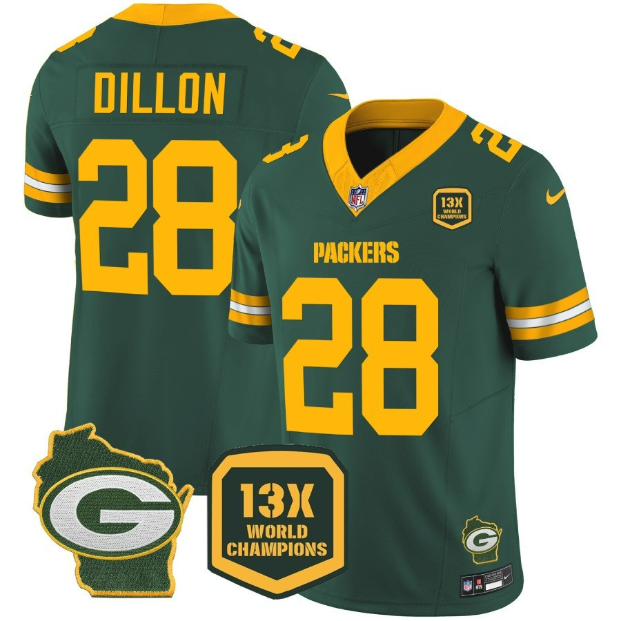AJ Dillon Men's Green Bay Packers 13 Time World Champions & Home Patch Vapor Jersey � All Stitched Green Jersey - All Stitched