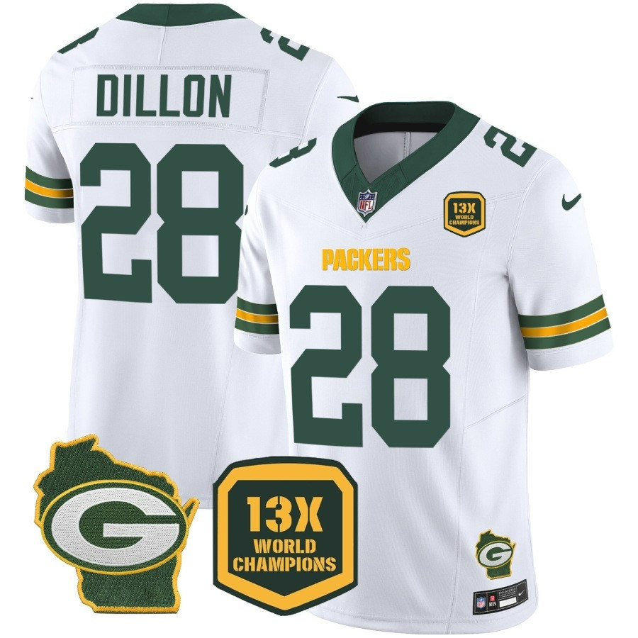 AJ Dillon Men's Green Bay Packers 13 Time World Champions & Home Patch Vapor Jersey � All Stitched White Jersey - All Stitched