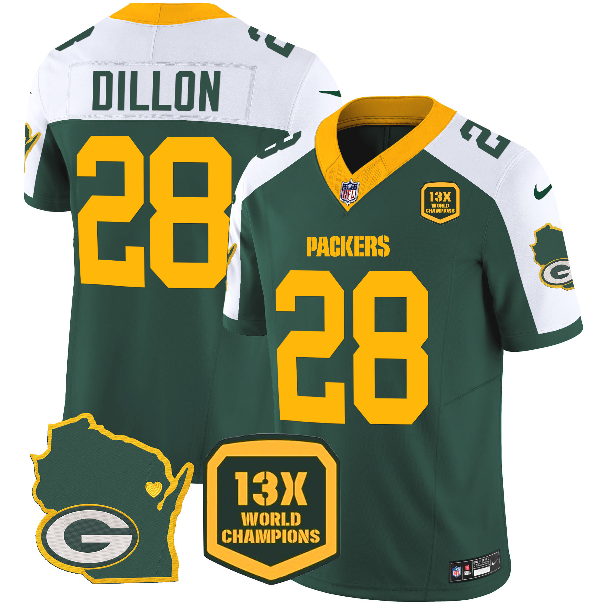 AJ Dillon Men's Green Bay Packers 13 Time World Champions & Home Patch Vapor Jersey V2 � All Stitched Alternate Jersey - All Stitched
