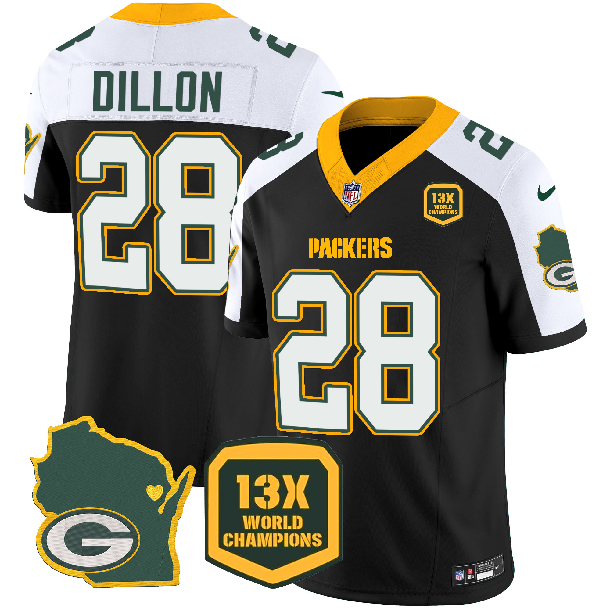 AJ Dillon Men's Green Bay Packers 13 Time World Champions & Home Patch Vapor Jersey V2 � All Stitched Black Alternate Jersey - All Stitched