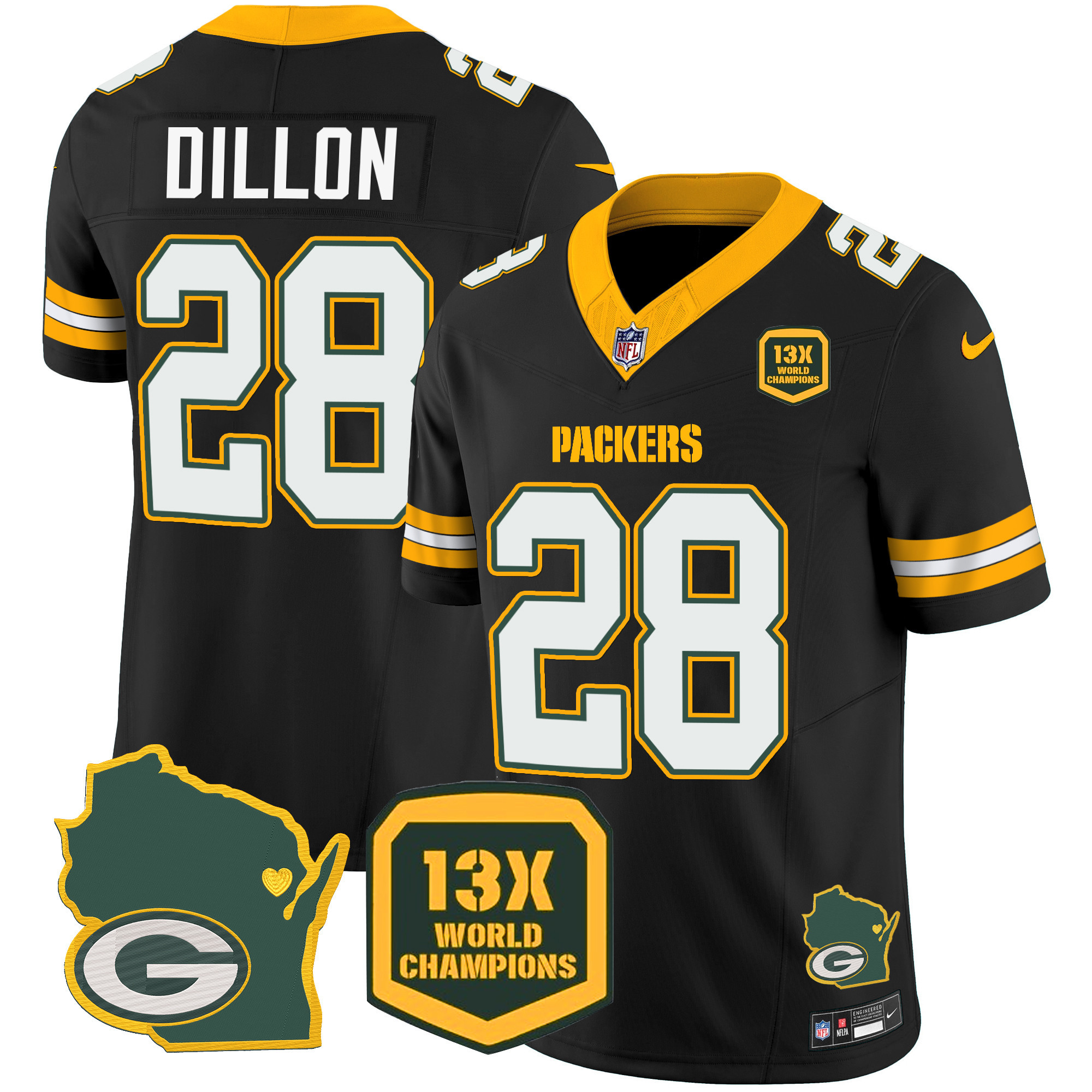 AJ Dillon Men's Green Bay Packers 13 Time World Champions & Home Patch Vapor Jersey V2 � All Stitched Black Jersey - All Stitched