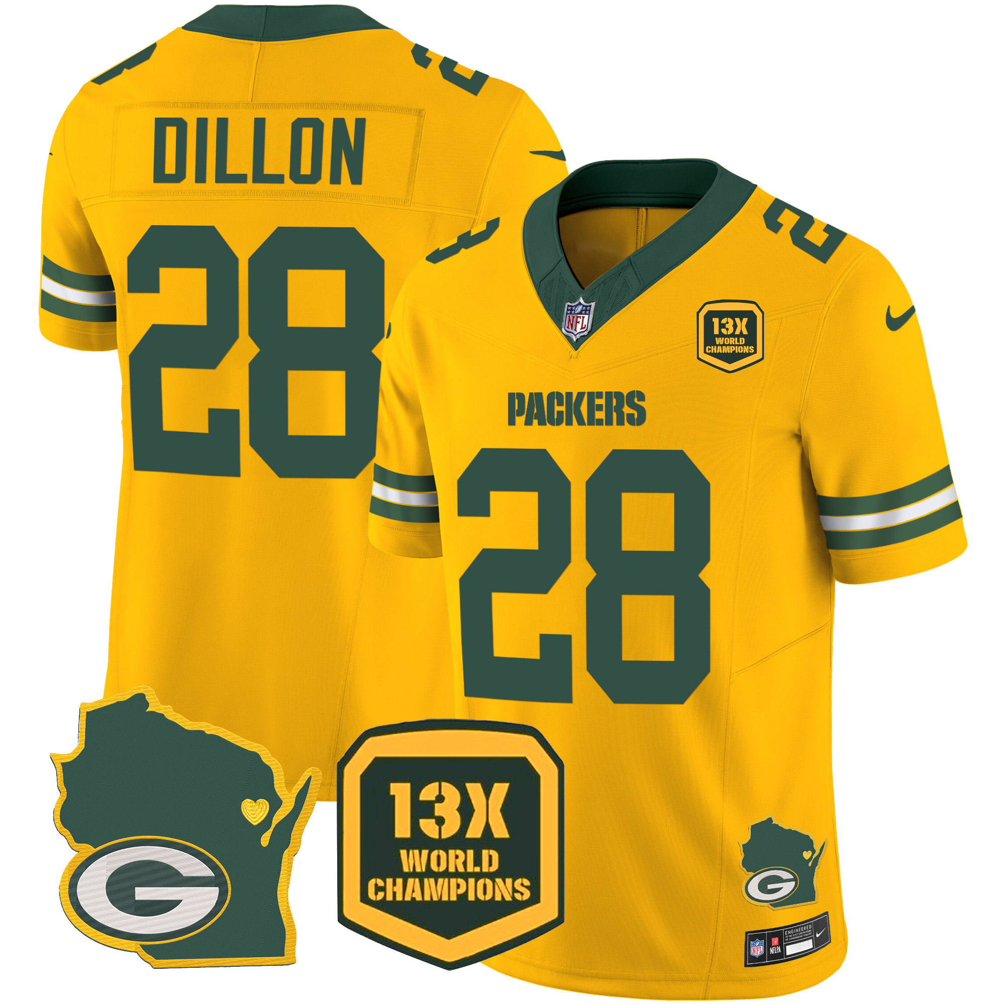 AJ Dillon Men's Green Bay Packers 13 Time World Champions & Home Patch Vapor Jersey V2 � All Stitched Gold Jersey - All Stitched