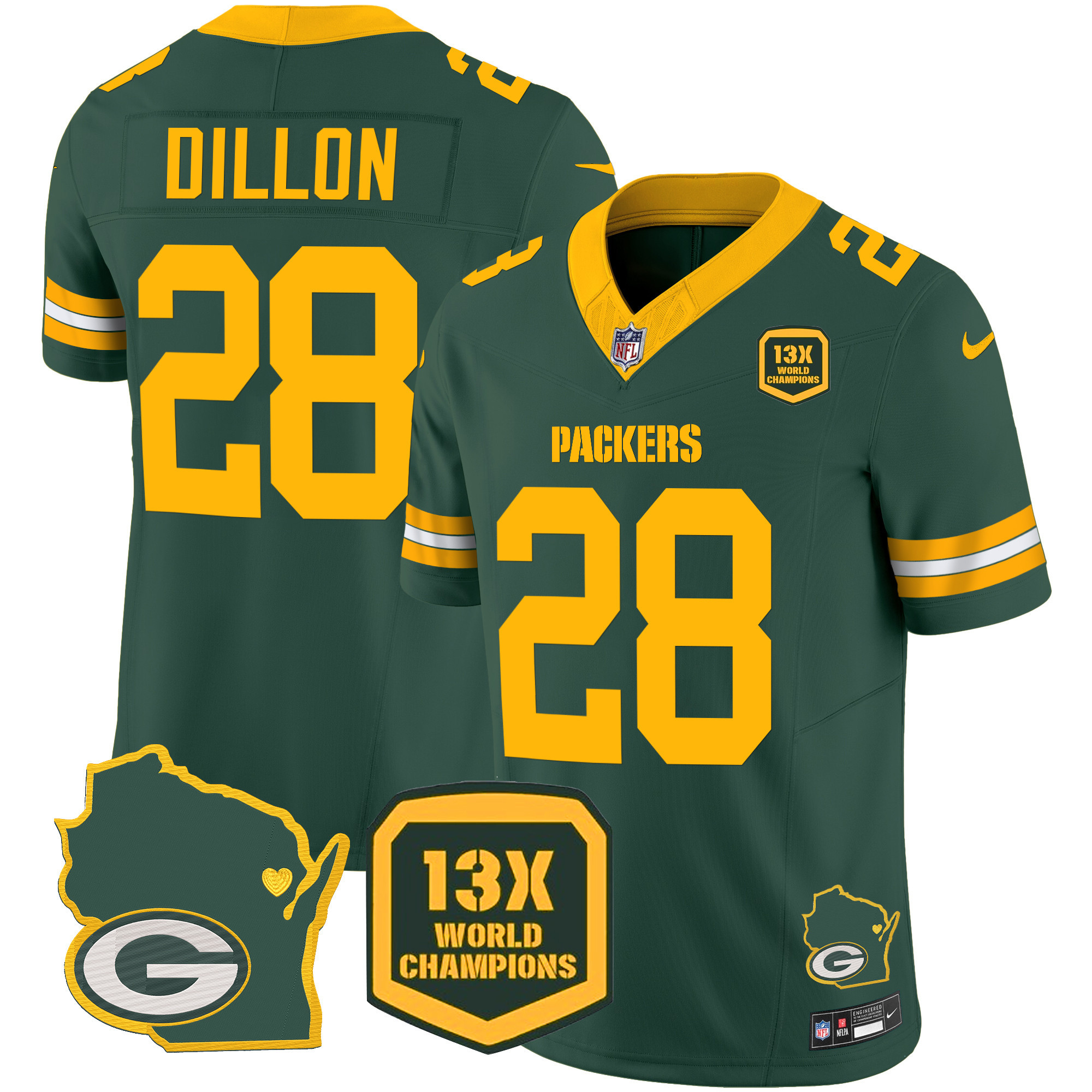 AJ Dillon Men's Green Bay Packers 13 Time World Champions & Home Patch Vapor Jersey V2 � All Stitched Green Jersey - All Stitched