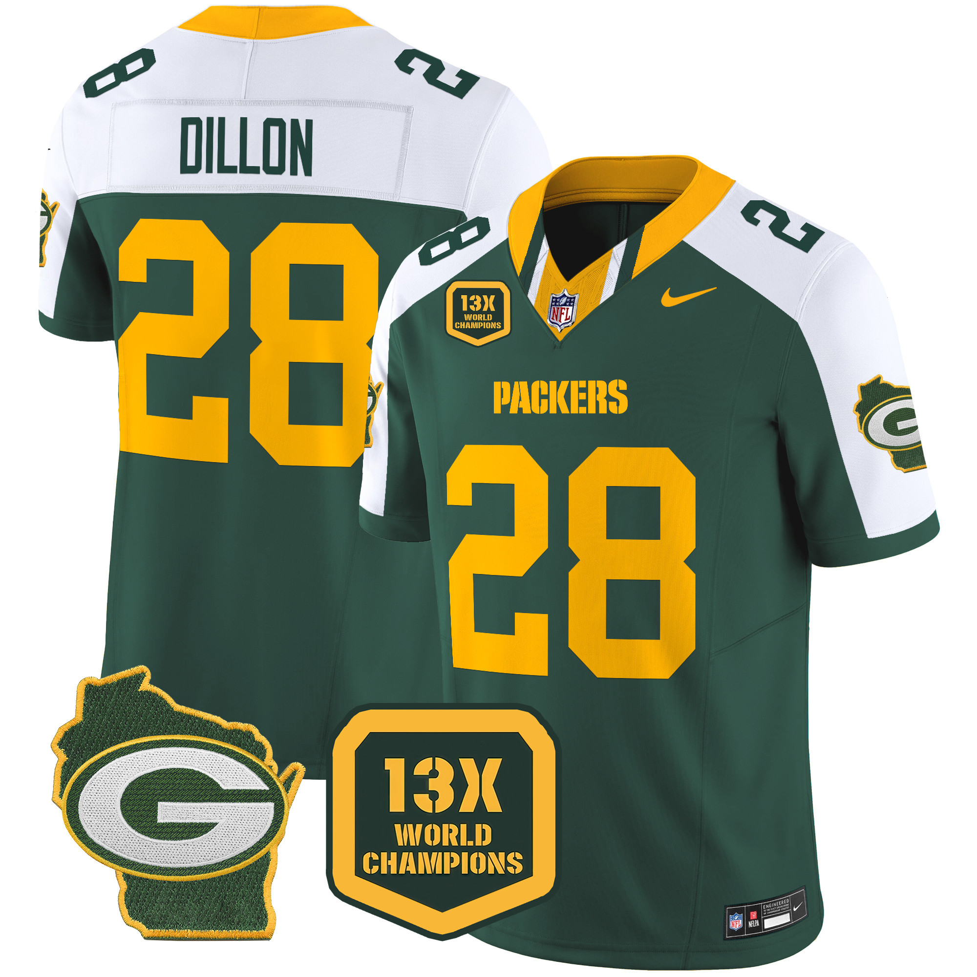 AJ Dillon Men's Green Bay Packers 13 Time World Champions & Home Patch Vapor Limited Jersey ÃƒÂ¢Ã¢â€šÂ¬Ã¢â‚¬Å“ All Stitched Alternate Jersey - All Stitched