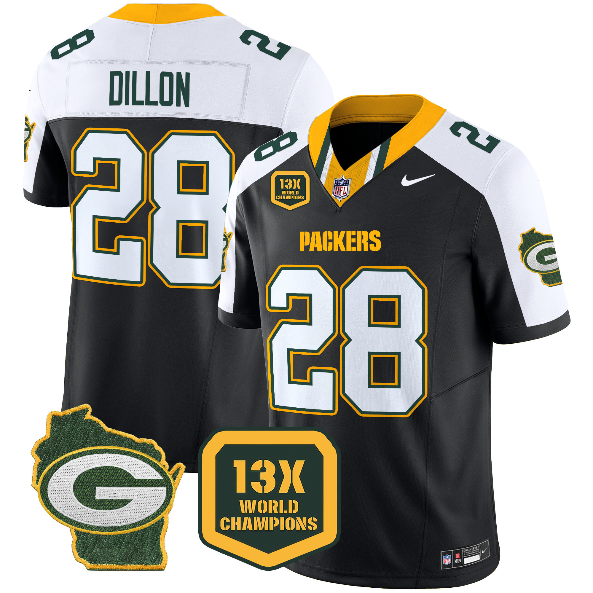 AJ Dillon Men's Green Bay Packers 13 Time World Champions & Home Patch Vapor Limited Jersey – All Stitched Black Alternate Jersey - All Stitched