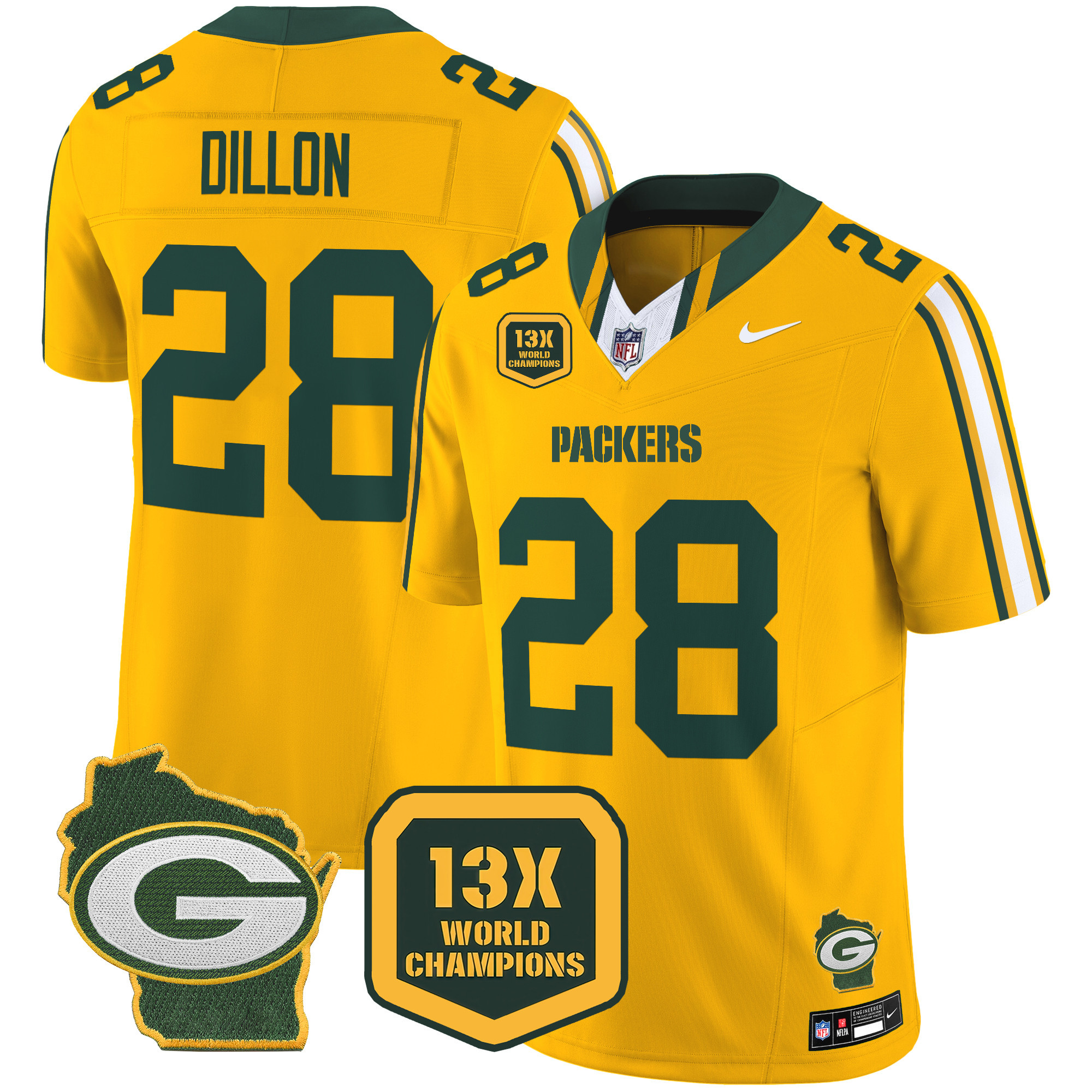 AJ Dillon Men's Green Bay Packers 13 Time World Champions & Home Patch Vapor Limited Jersey ÃƒÂ¢Ã¢â€šÂ¬Ã¢â‚¬Å“ All Stitched Gold Jersey - All Stitched