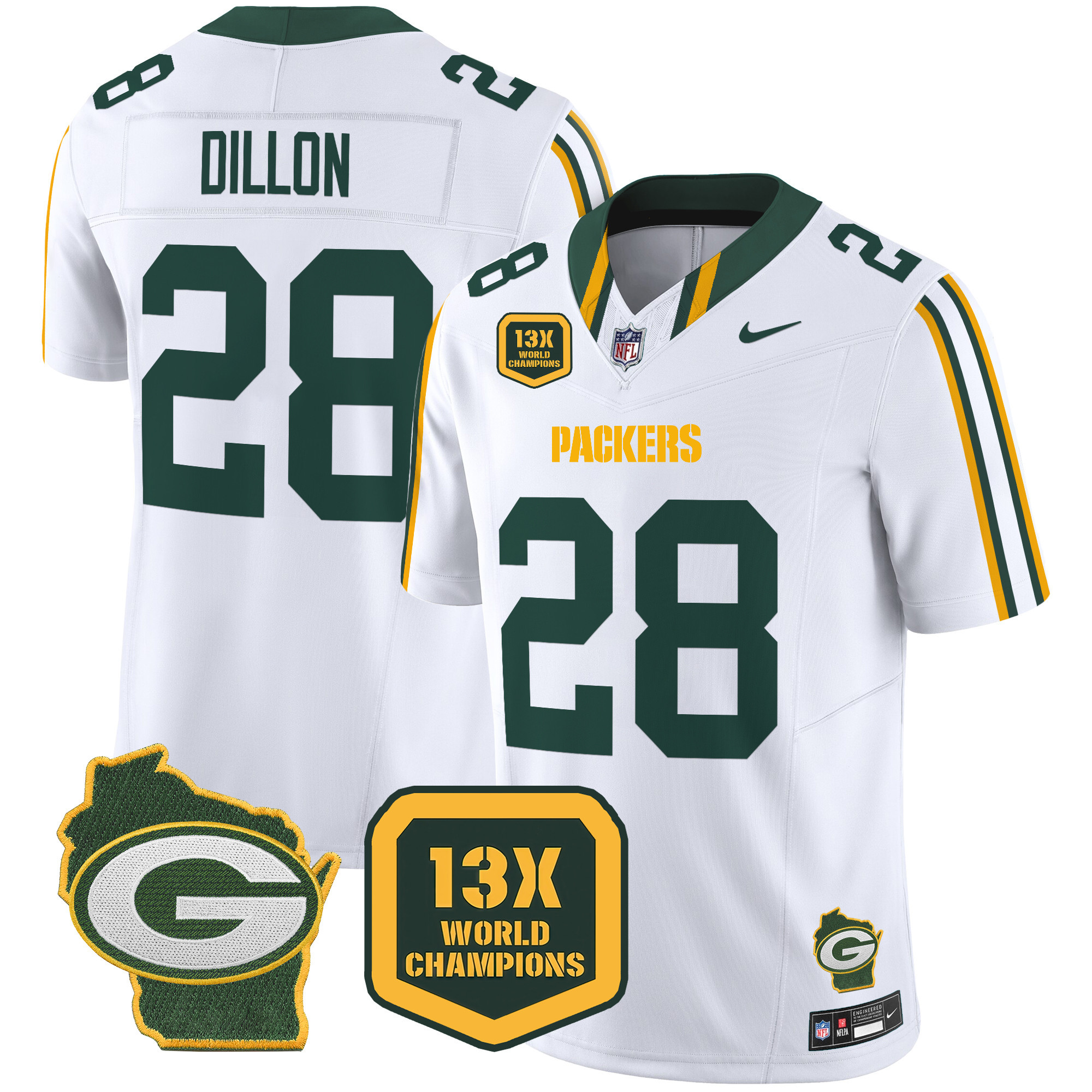 AJ Dillon Men's Green Bay Packers 13 Time World Champions & Home Patch Vapor Limited Jersey ÃƒÂ¢Ã¢â€šÂ¬Ã¢â‚¬Å“ All Stitched White Jersey - All Stitched
