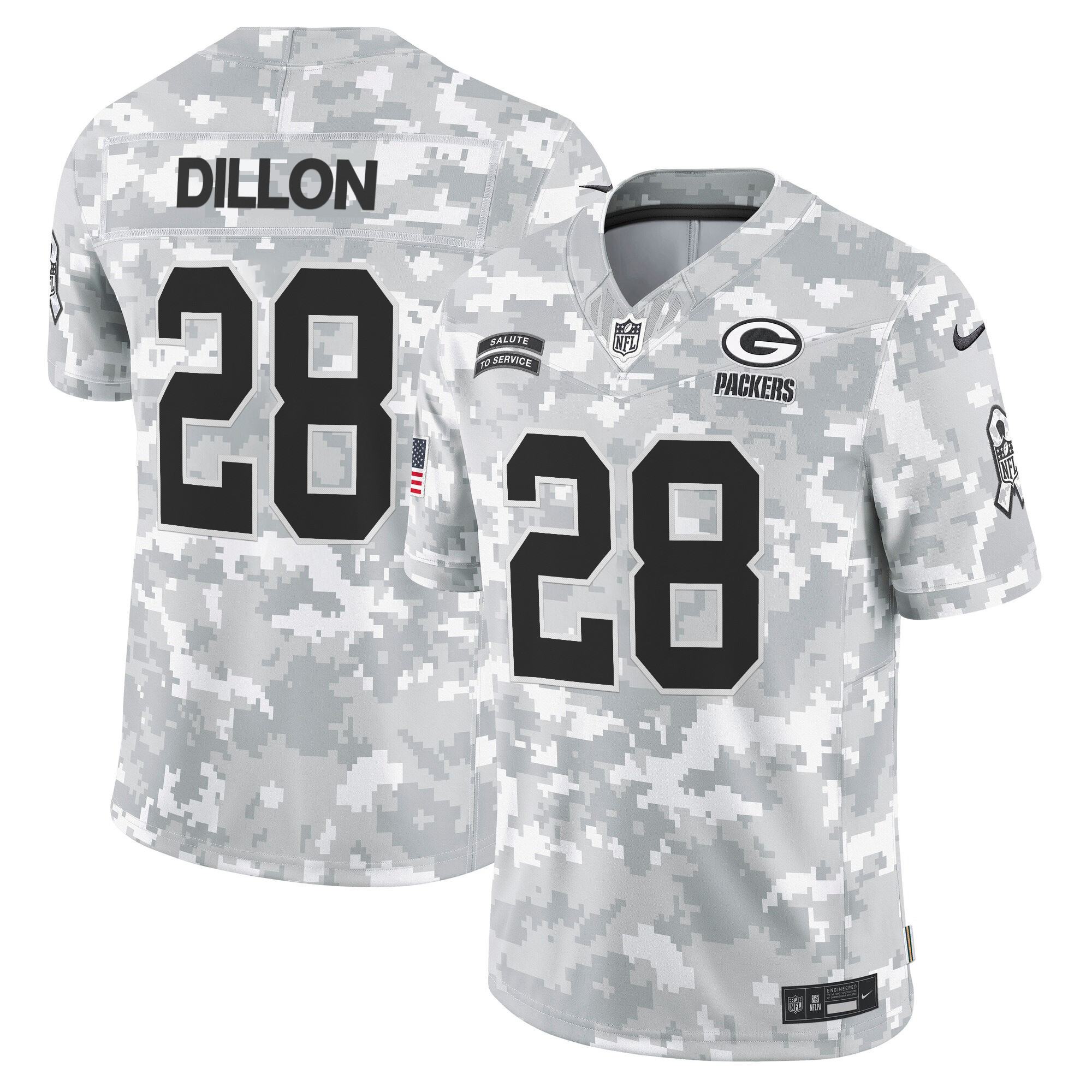AJ Dillon Men's Green Bay Packers 2024 Salute to Service Vapor Limited Arctic Camo Jersey - All Stitched