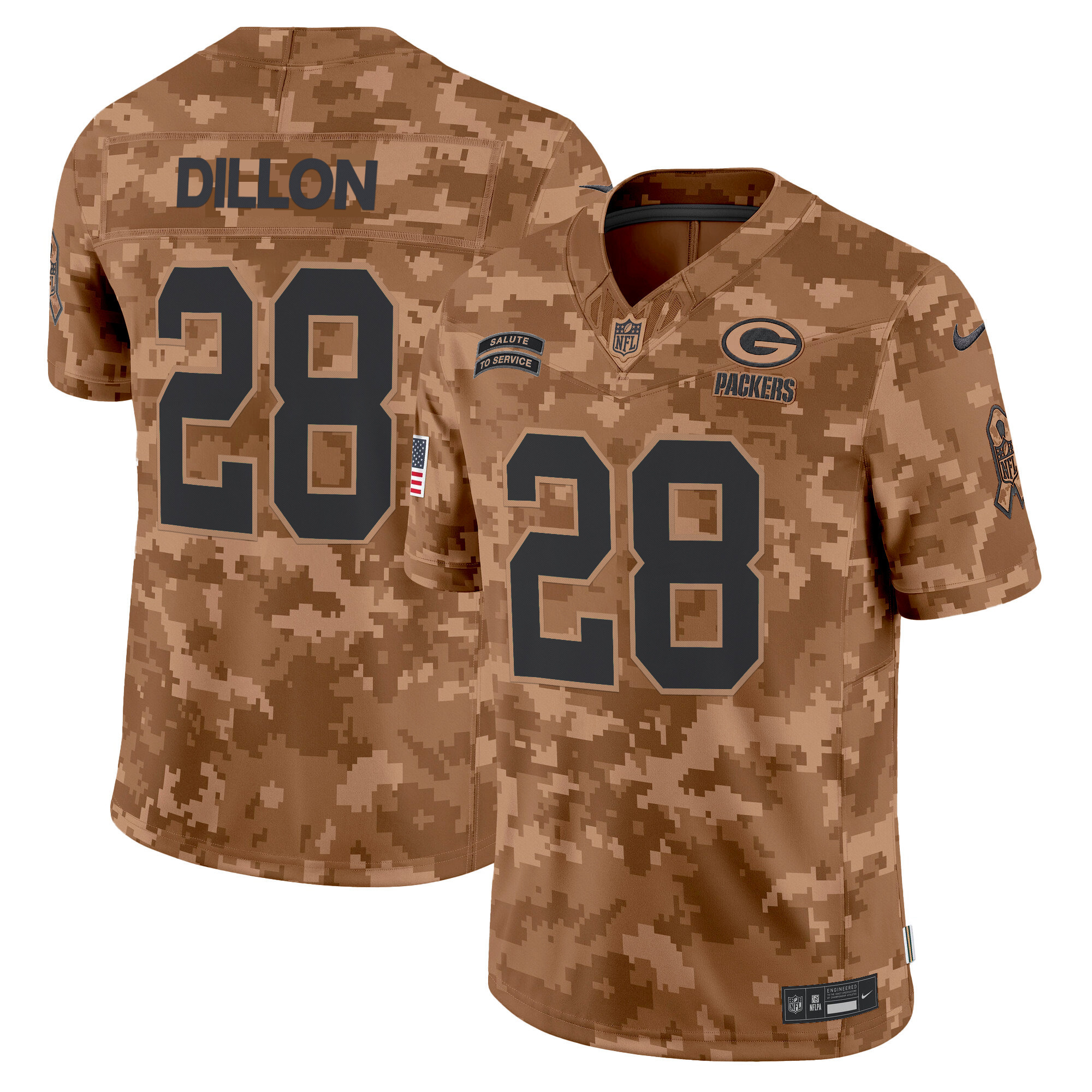 AJ Dillon Men's Green Bay Packers 2024 Salute to Service Vapor Limited Brown Camo Jersey - All Stitched