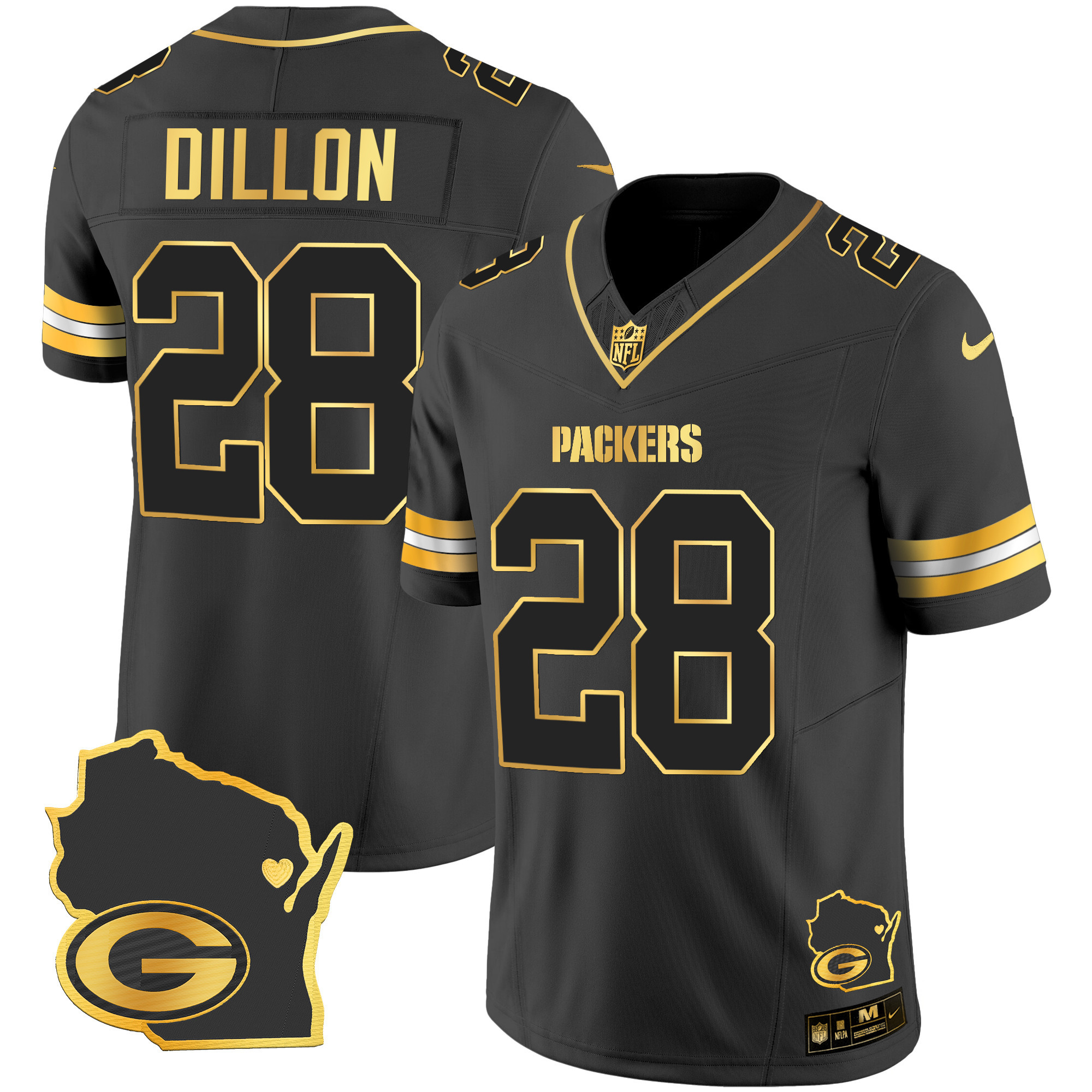 AJ Dillon Men's Green Bay Packers Home Patch Gold Vapor Black Gold Jersey - All Stitched