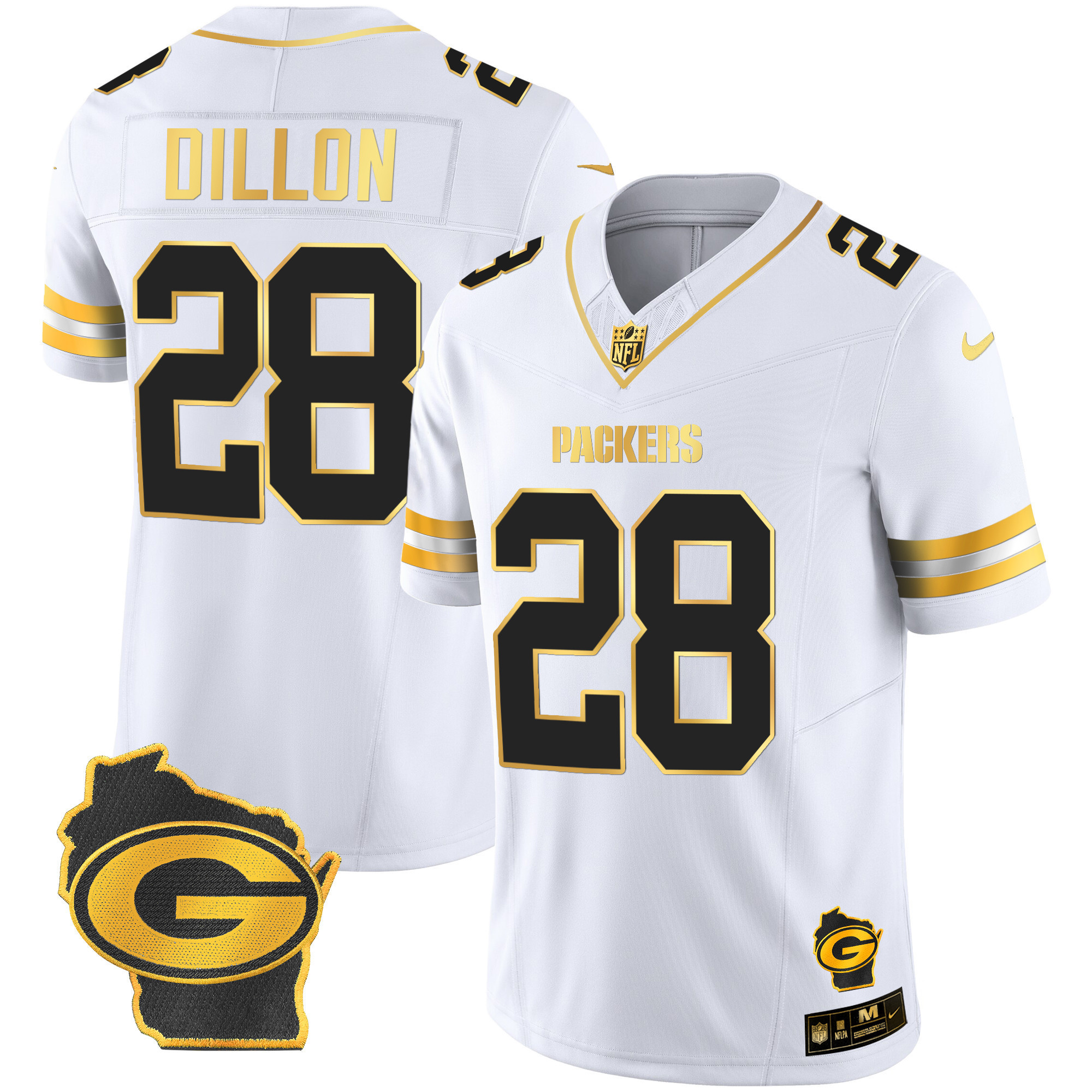 AJ Dillon Men's Green Bay Packers Home Patch Gold Vapor White Gold Jersey - All Stitched