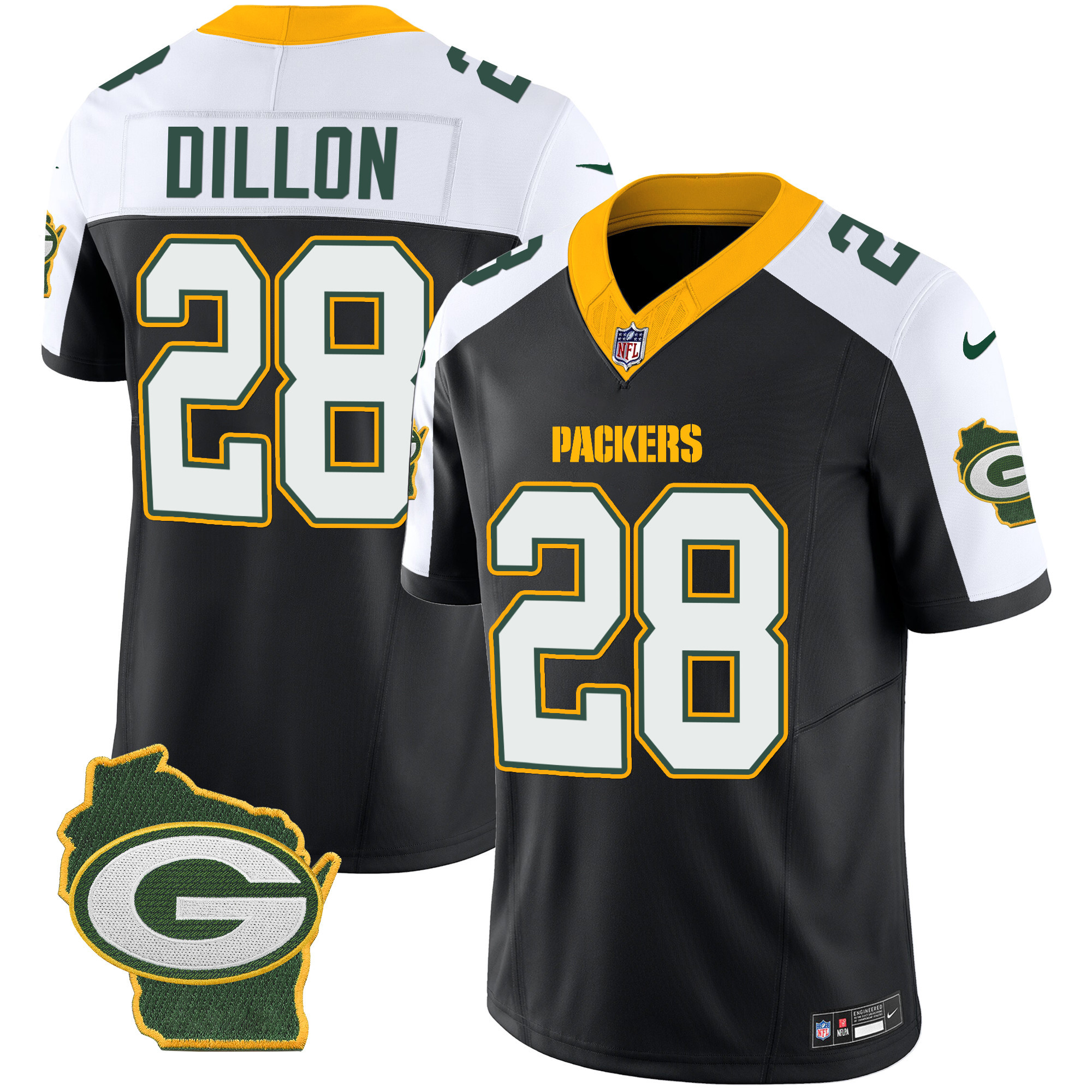 AJ Dillon Men's Green Bay Packers Home Patch Vapor Black Alternate Jersey - All Stitched