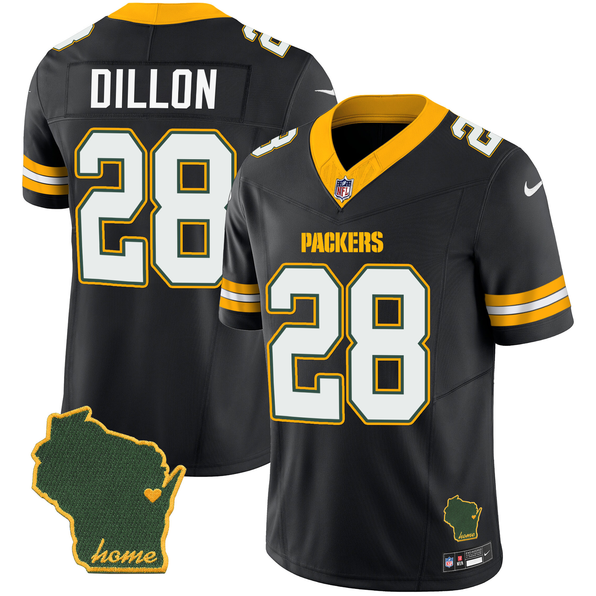 AJ Dillon Men's Green Bay Packers Home Patch Vapor Black Jersey - All Stitched
