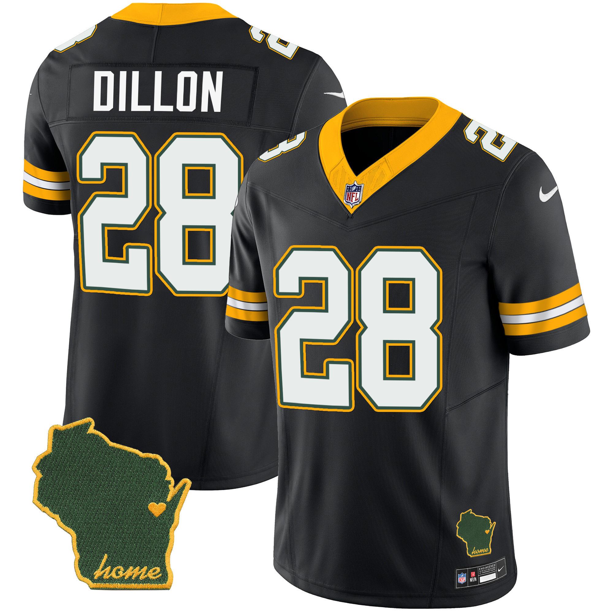 AJ Dillon Men's Green Bay Packers Home Patch Vapor Black Jersey - All Stitched
