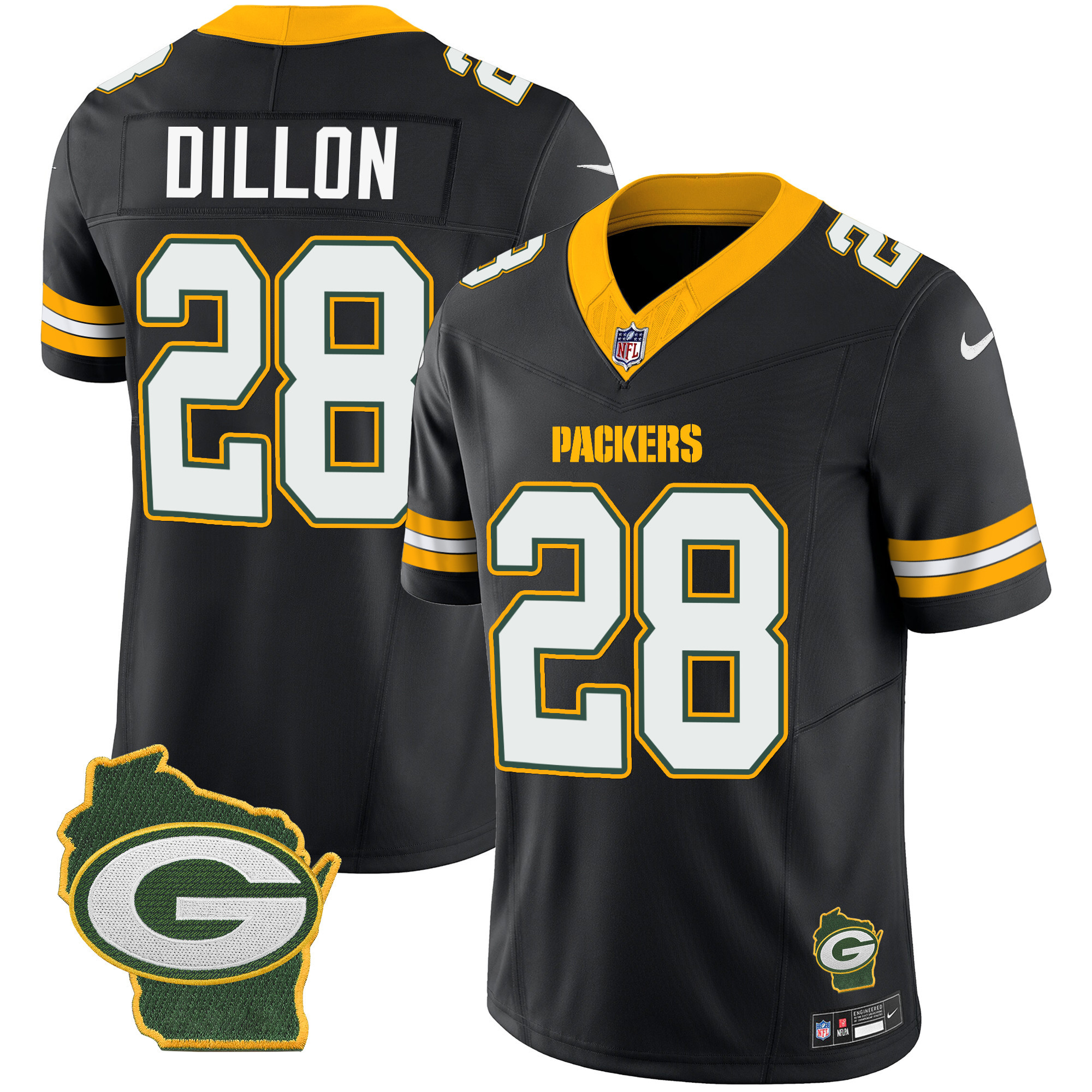 AJ Dillon Men's Green Bay Packers Home Patch Vapor Black Jersey - All Stitched