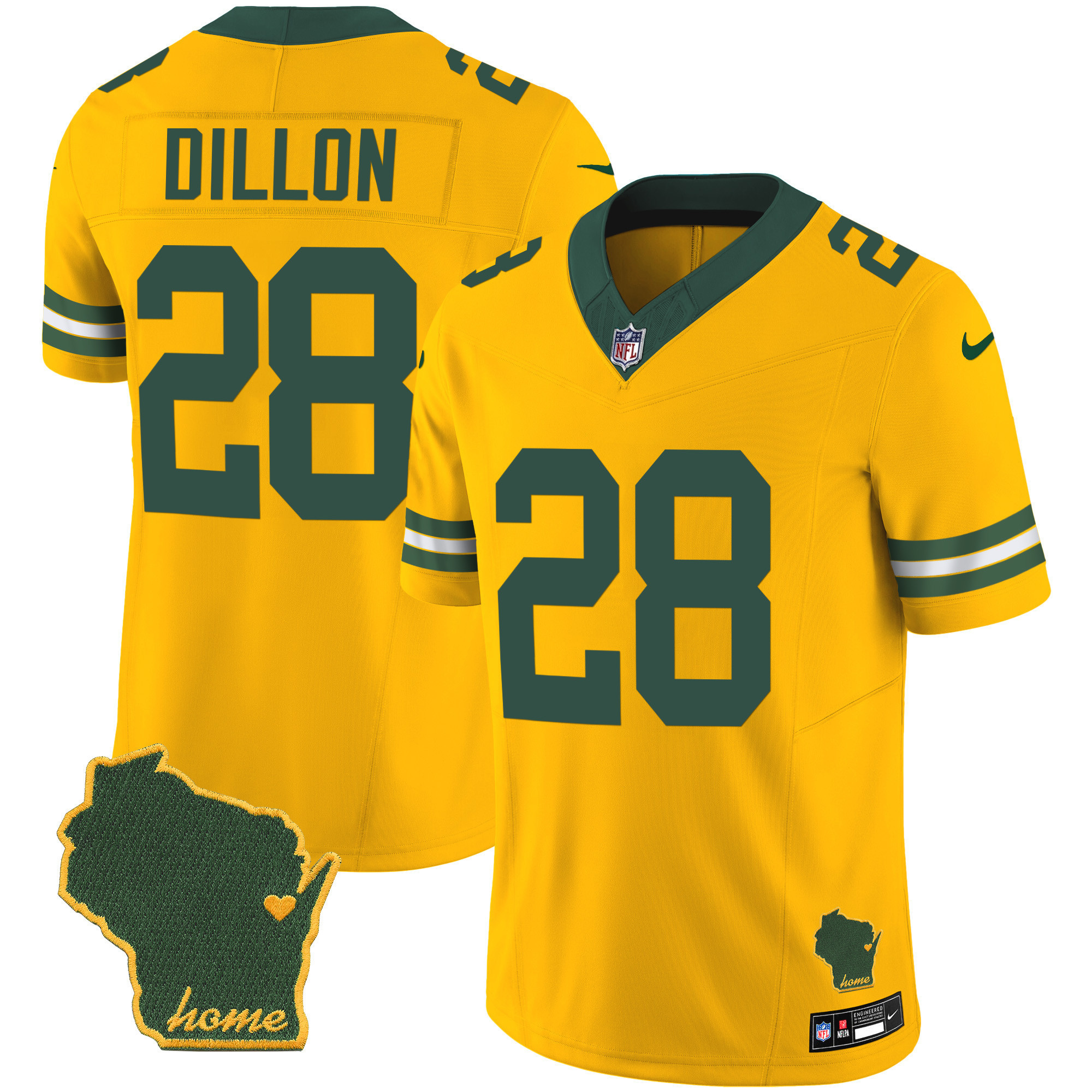 AJ Dillon Men's Green Bay Packers Home Patch Vapor Gold Jersey - All Stitched