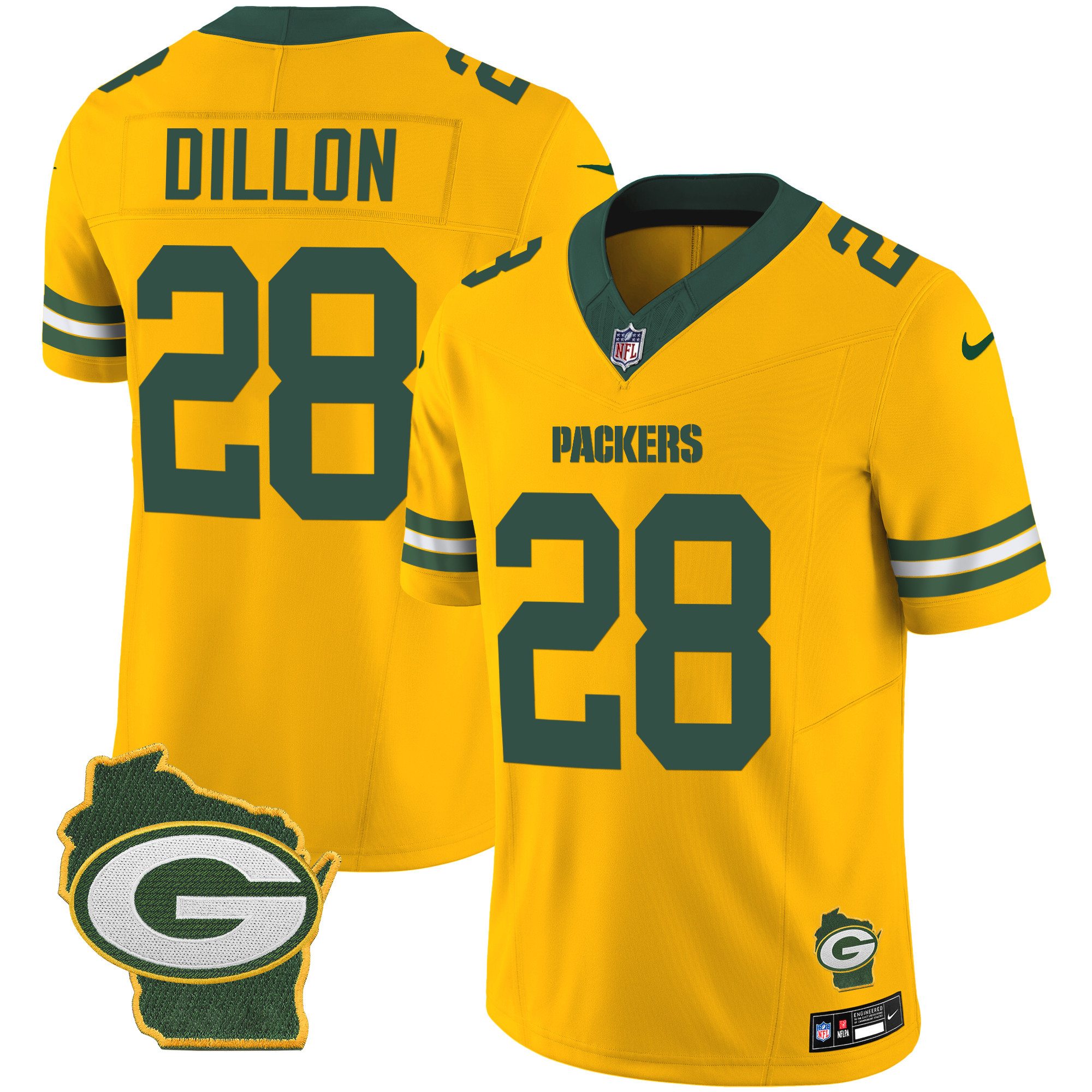 AJ Dillon Men's Green Bay Packers Home Patch Vapor Gold Jersey - All Stitched