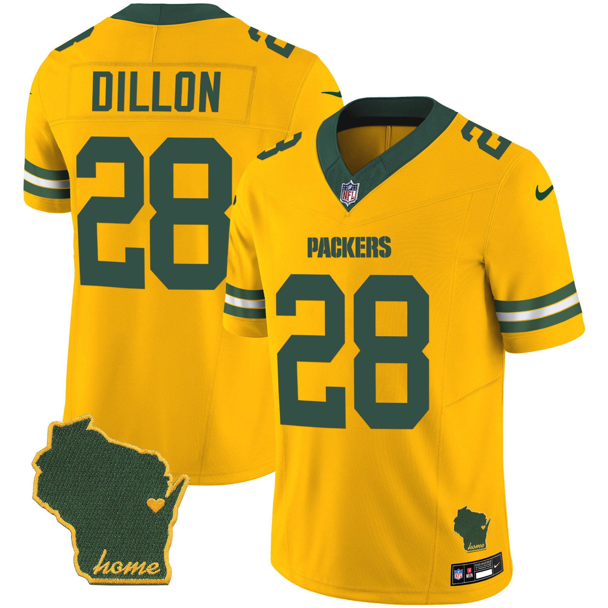 AJ Dillon Men's Green Bay Packers Home Patch Vapor Gold Jersey - All Stitched