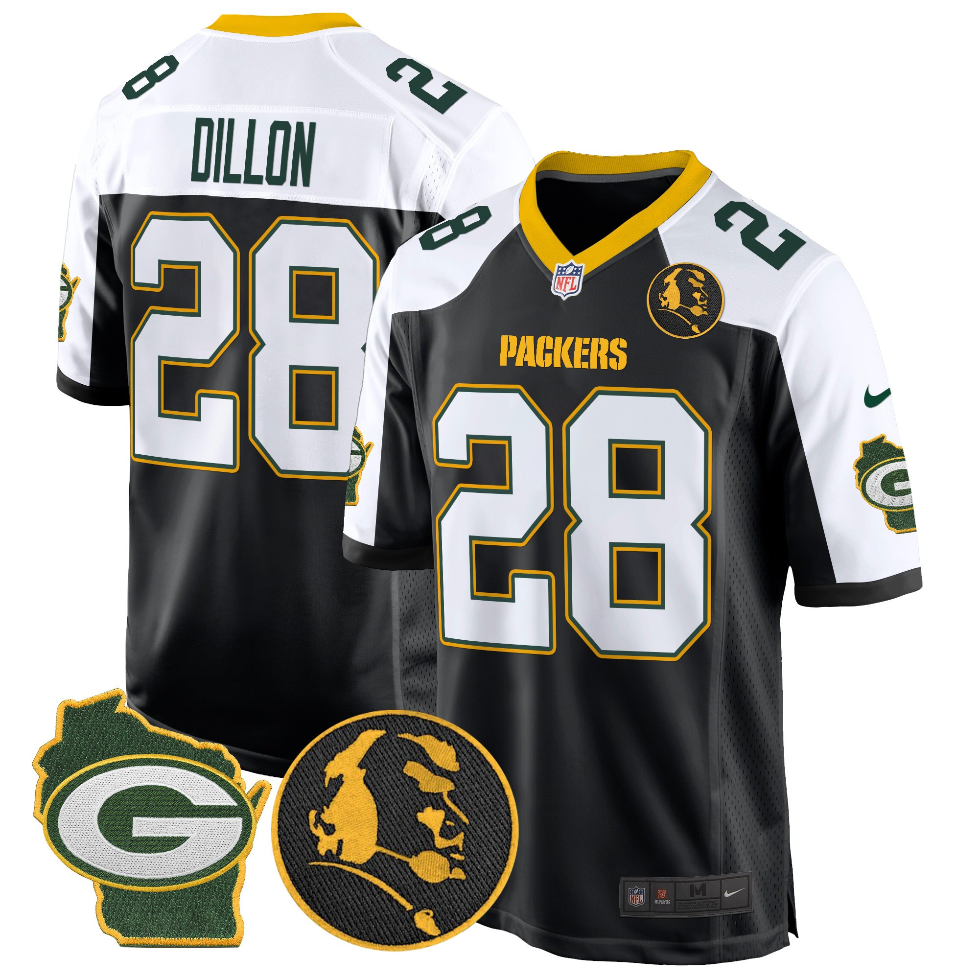 AJ Dillon Men's Green Bay Packers John Madden & Home Patch Game Black Alternate Jersey - All Stitched