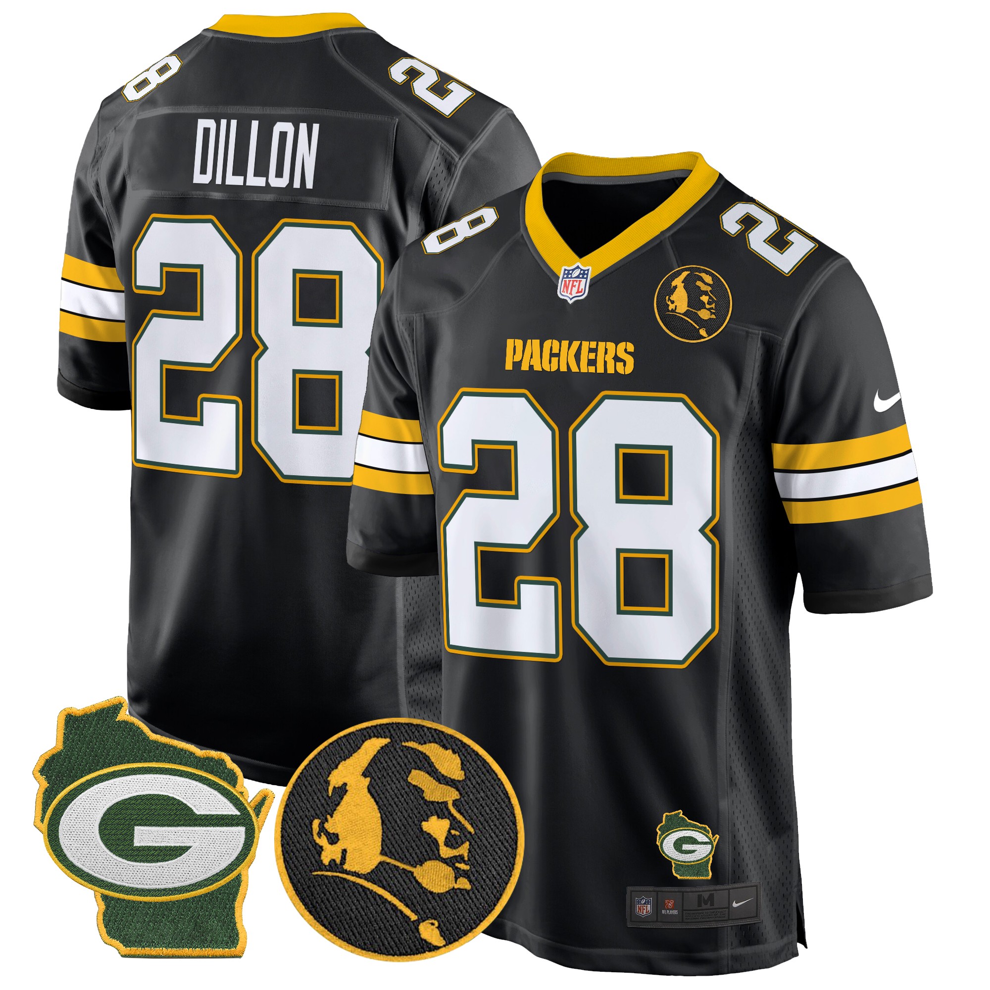 AJ Dillon Men's Green Bay Packers John Madden & Home Patch Game Black Jersey - All Stitched