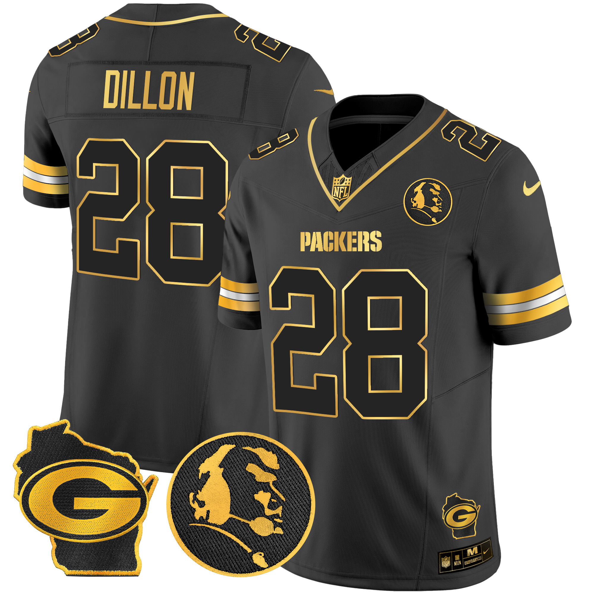 AJ Dillon Men's Green Bay Packers John Madden & Home Patch Gold Vapor Limited Black Gold Jersey - All Stitched