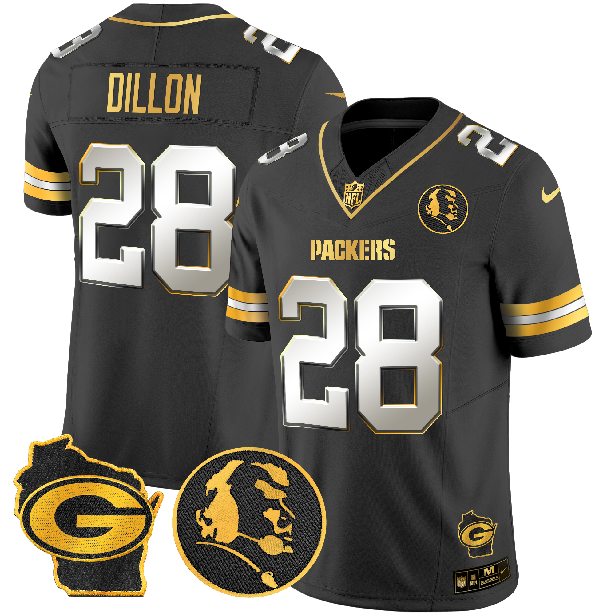 AJ Dillon Men's Green Bay Packers John Madden & Home Patch Gold Vapor Limited Black Limited Jersey - All Stitched