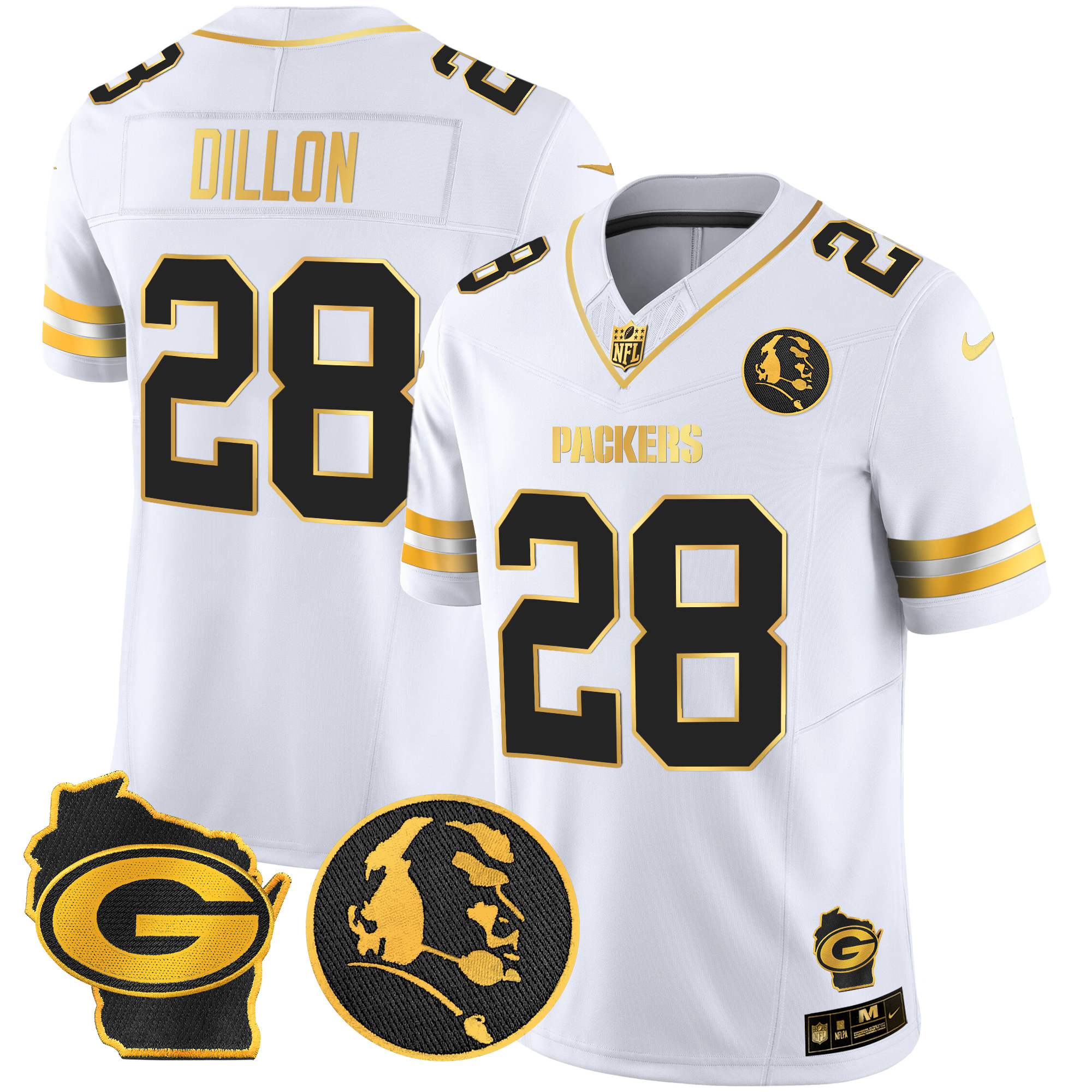 AJ Dillon Men's Green Bay Packers John Madden & Home Patch Gold Vapor Limited White Gold Jersey - All Stitched
