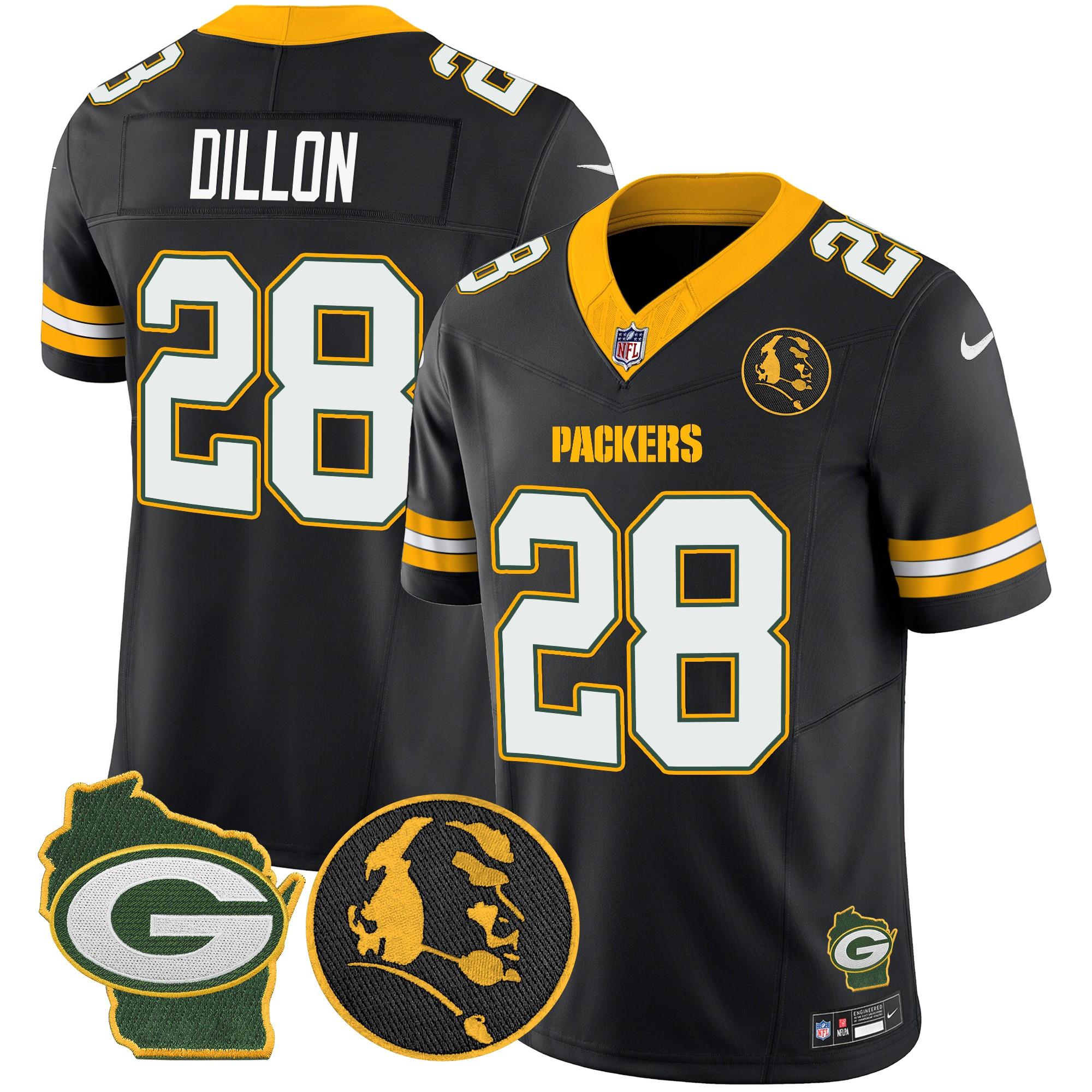 AJ Dillon Men's Green Bay Packers John Madden & Home Patch Vapor Limited Black Jersey - All Stitched