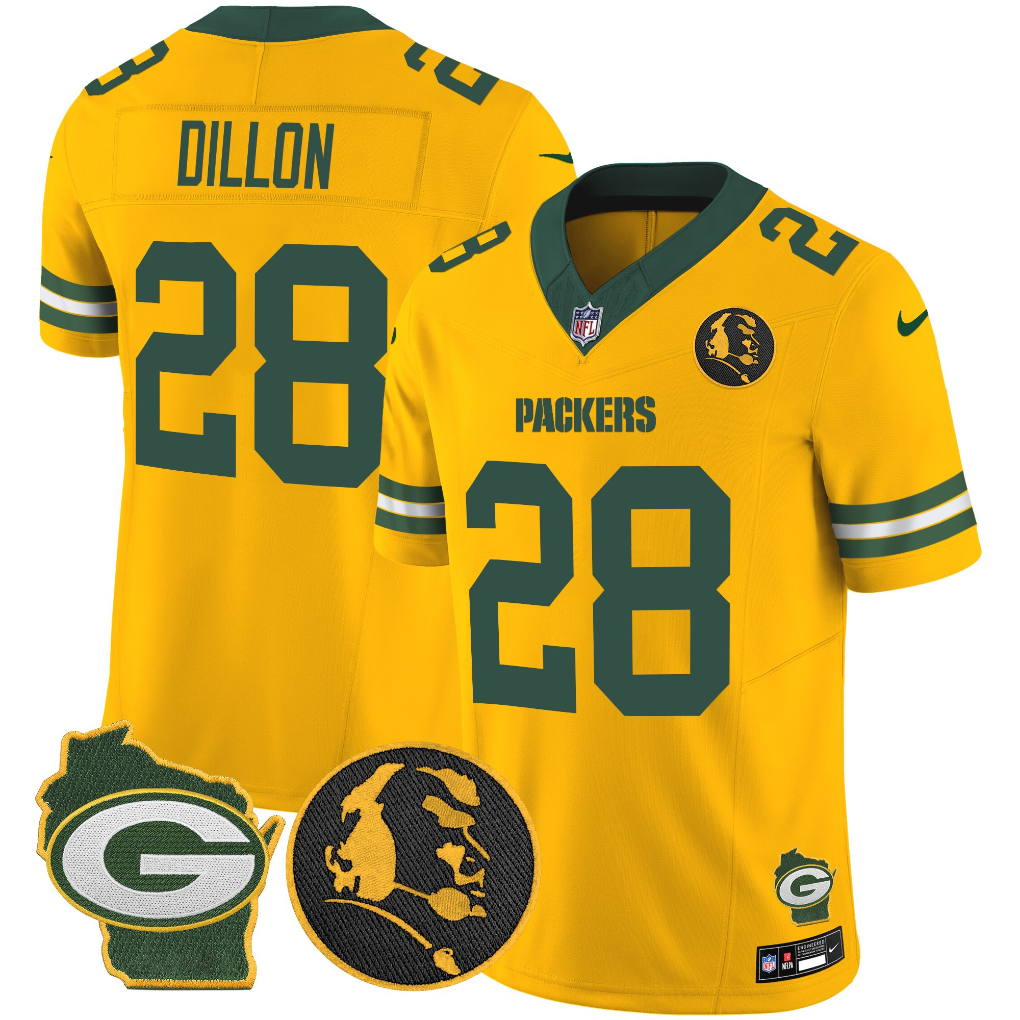 AJ Dillon Men's Green Bay Packers John Madden & Home Patch Vapor Limited Gold Jersey - All Stitched