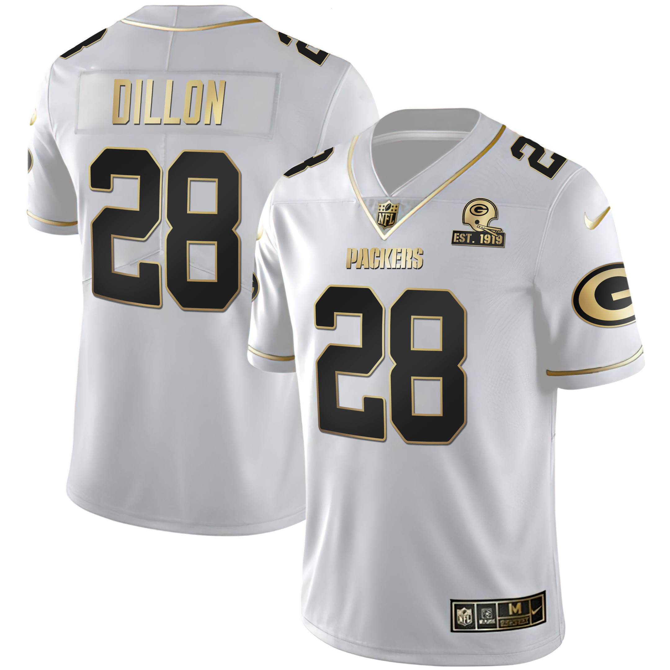 AJ Dillon Men's Green Bay Packers White Gold & Black Gold Est 1919 Patch - All Stitched White Gold Jersey - All Stitched
