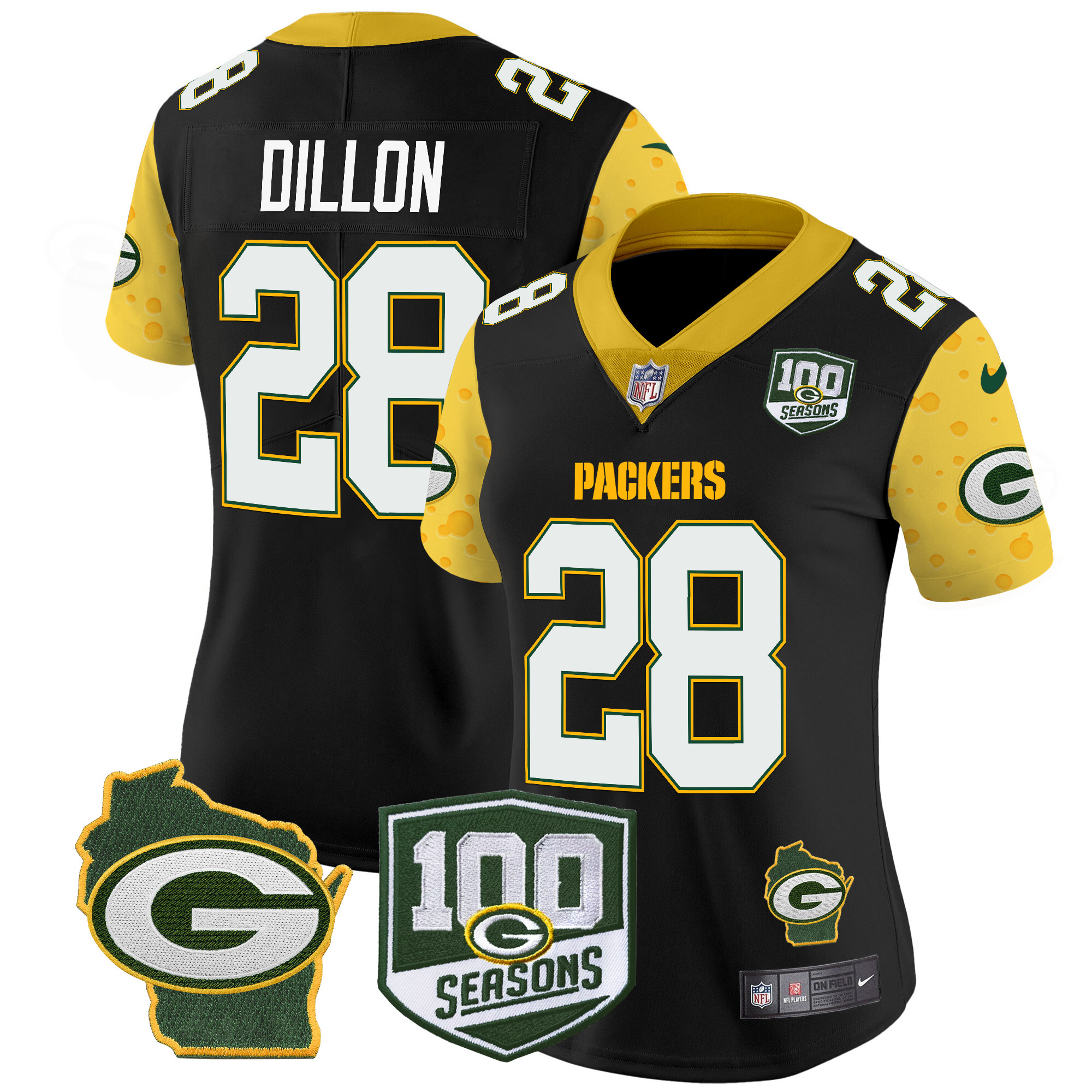 AJ Dillon Women's Green Bay Packers 100th Season & Home Patch Cheese Vapor Limited Jersey ÃƒÂ¢Ã¢â€šÂ¬Ã¢â‚¬Å“ All Stitched Black Jersey - All Stitched