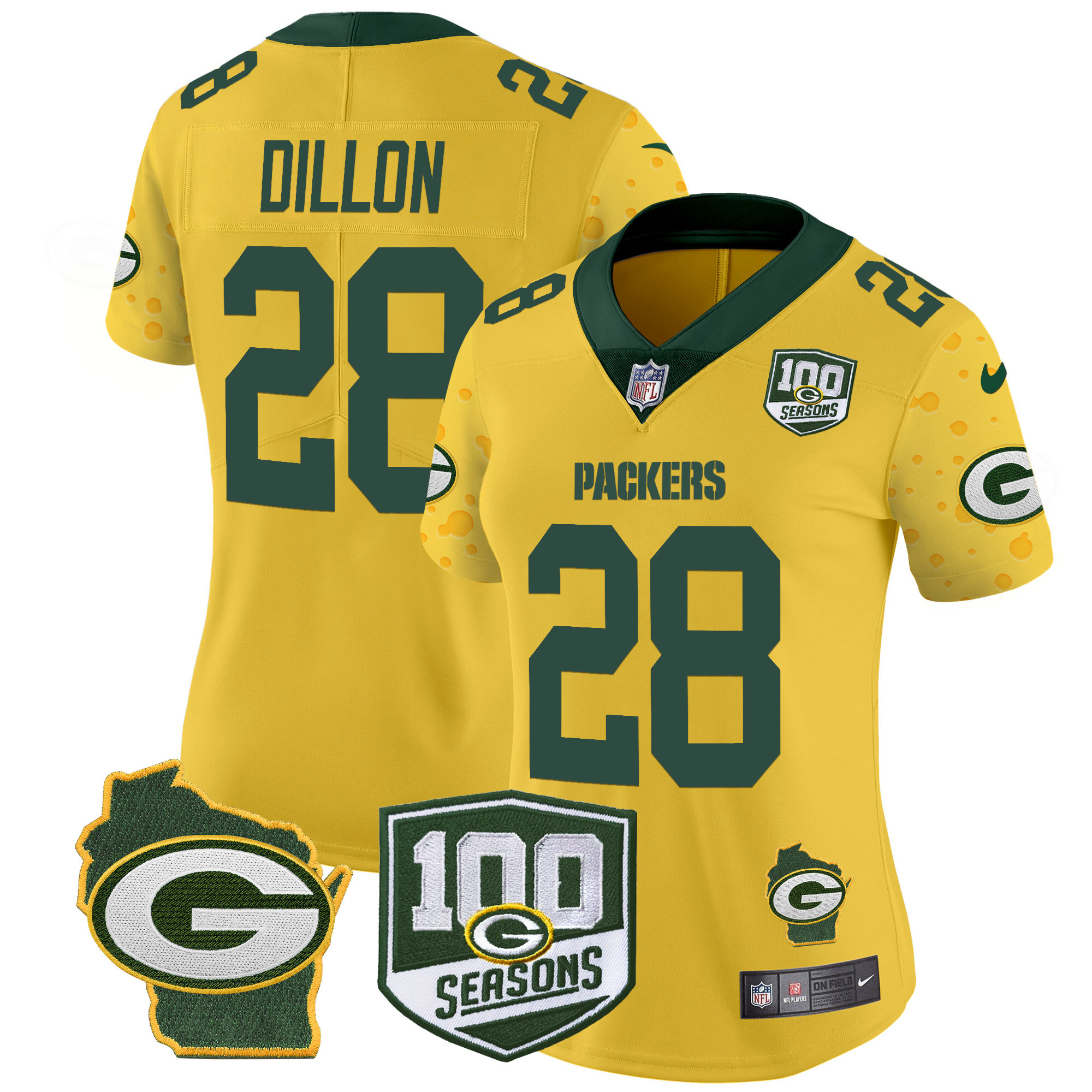 AJ Dillon Women's Green Bay Packers 100th Season & Home Patch Cheese Vapor Limited Jersey Ã¢â‚¬â€œ All Stitched Gold Jersey - All Stitched