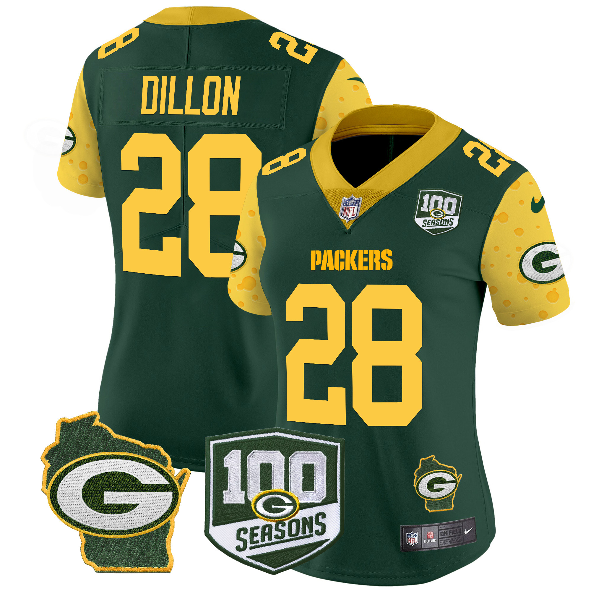 AJ Dillon Women's Green Bay Packers 100th Season & Home Patch Cheese Vapor Limited Jersey ÃƒÂ¢Ã¢â€šÂ¬Ã¢â‚¬Å“ All Stitched Green Jersey - All Stitched